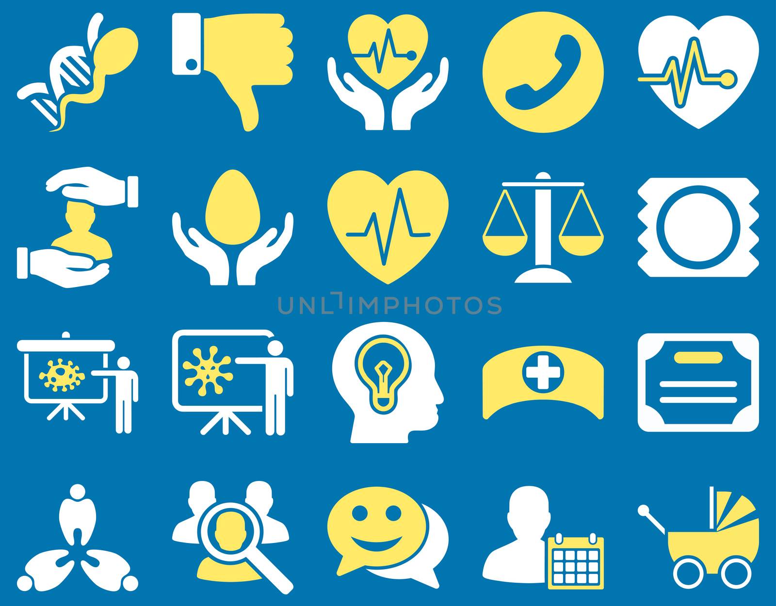 Medical icon set. Style: bicolor icons drawn with yellow and white colors on a blue background.