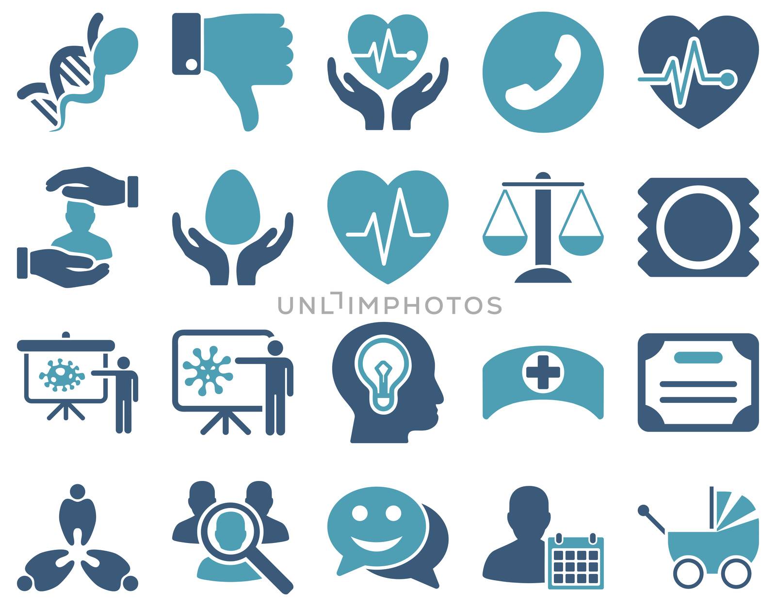Medical icon set. Style: bicolor icons drawn with cyan and blue colors on a white background.