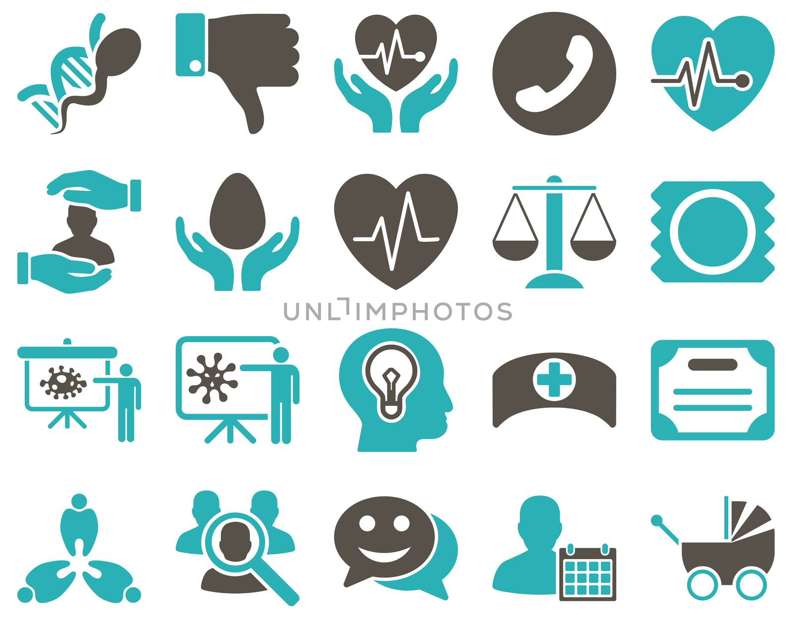 Medical icon set. Style: bicolor icons drawn with grey and cyan colors on a white background.