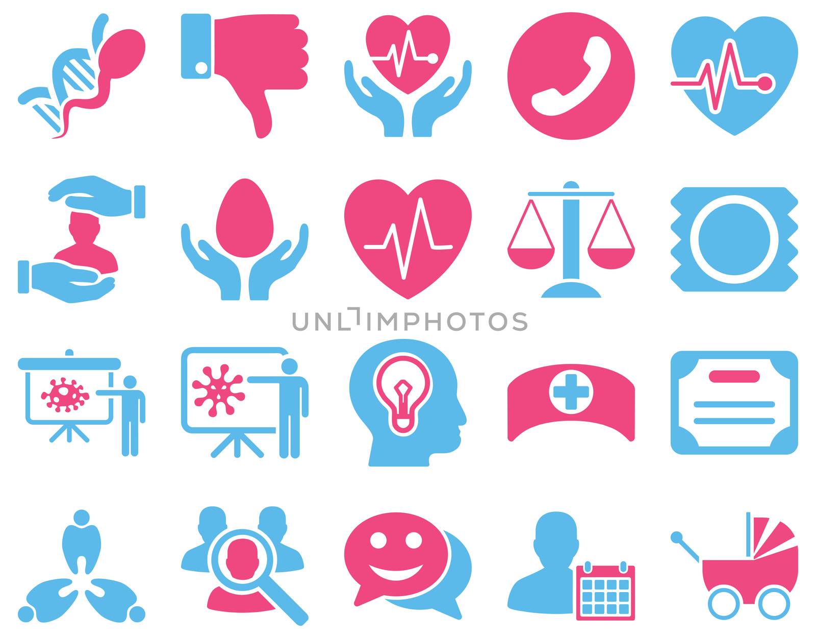 Medical icon set. Style: bicolor icons drawn with pink and blue colors on a white background.