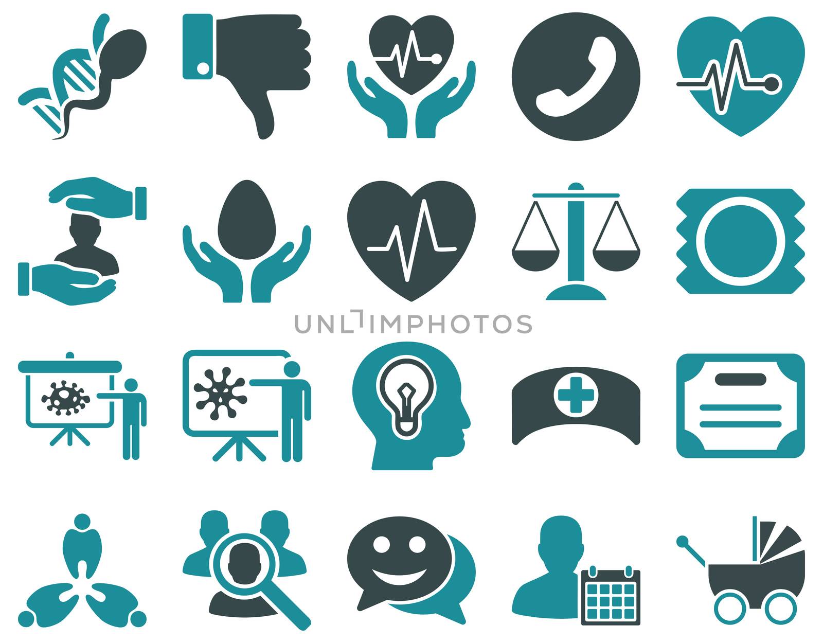 Medical icon set. Style: bicolor icons drawn with soft blue colors on a white background.