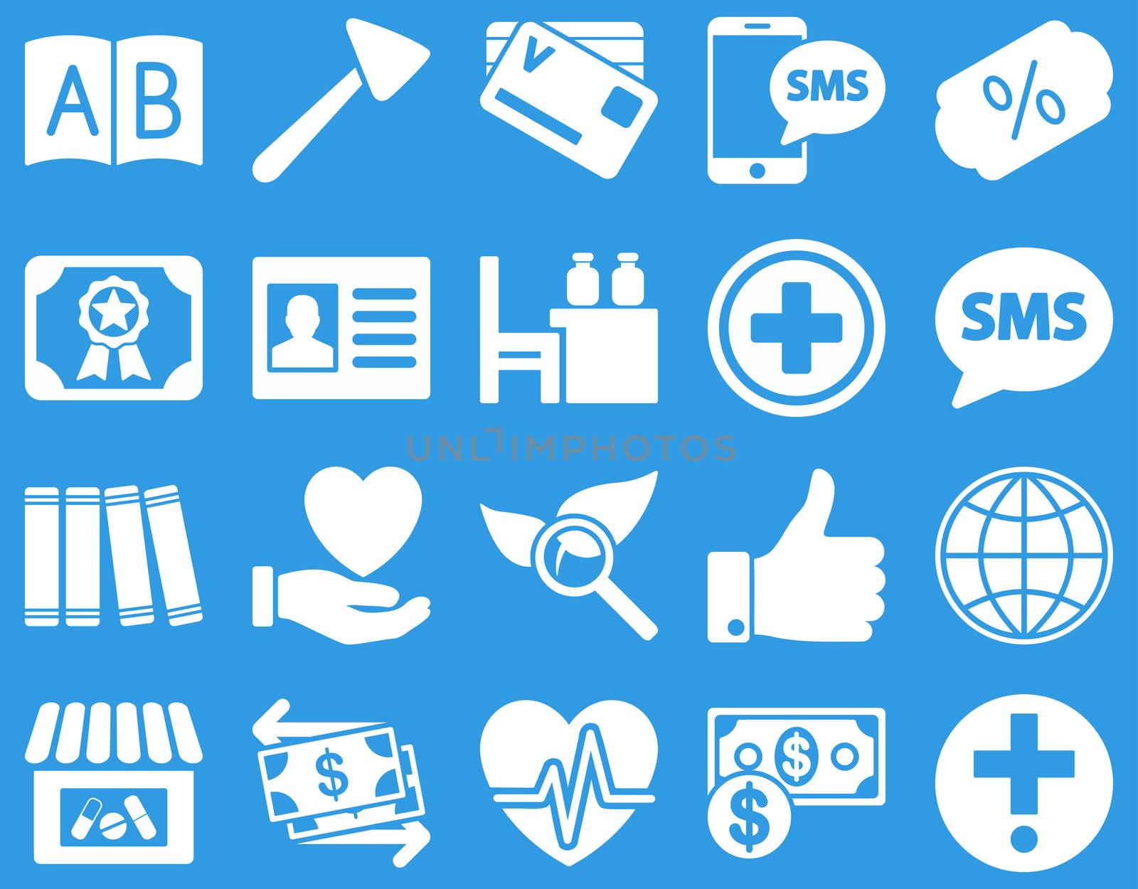 Medical icon set. Style: icons drawn with white color on a blue background.