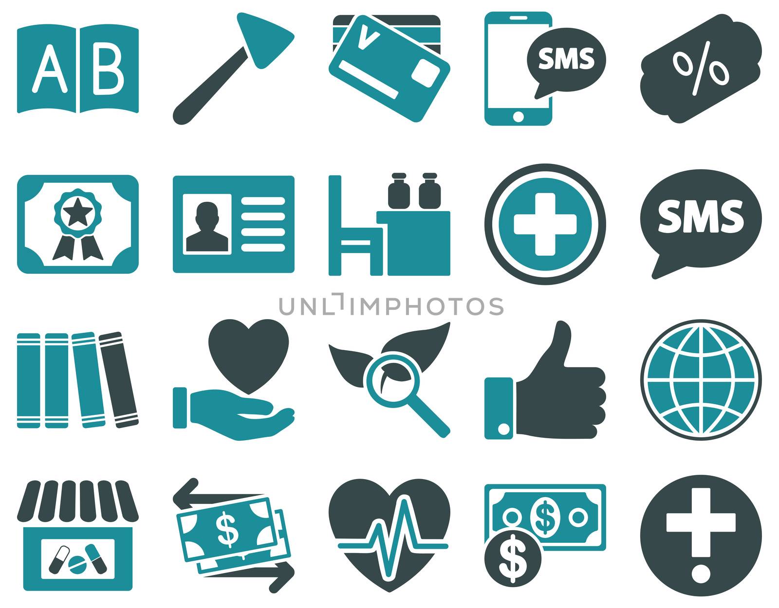 Medical icon set. Style: bicolor icons drawn with soft blue colors on a white background.