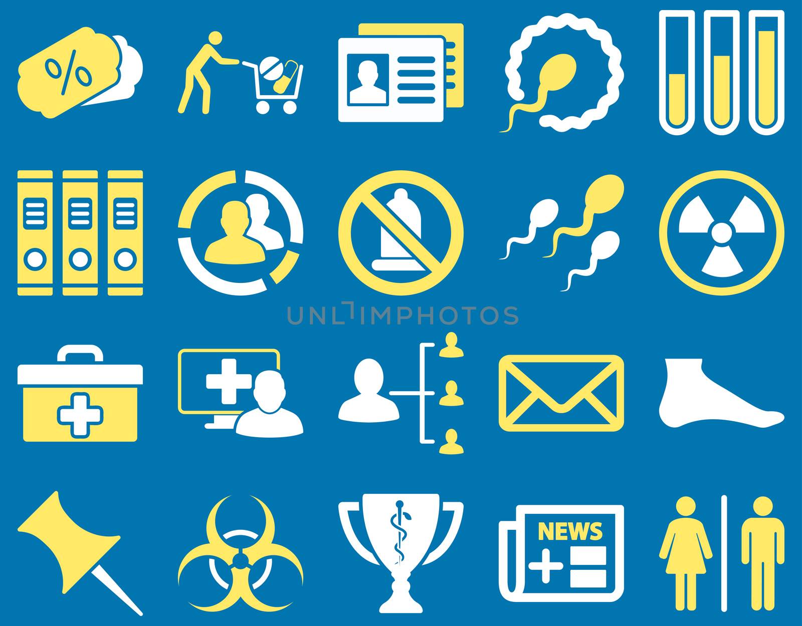 Medical icon set. Style: bicolor icons drawn with yellow and white colors on a blue background.