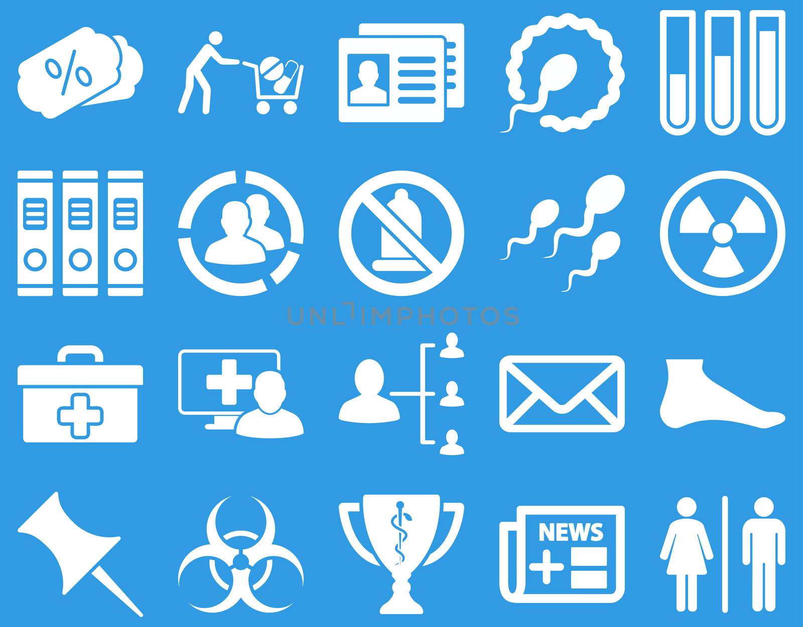 Medical icon set. Style: icons drawn with white color on a blue background.