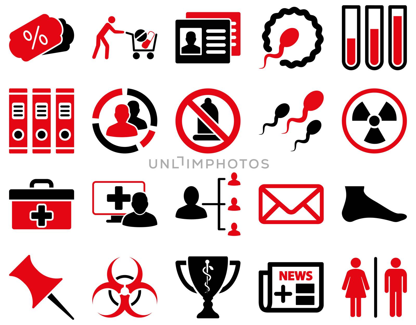 Medical icon set. Style: bicolor icons drawn with intensive red and black colors on a white background.