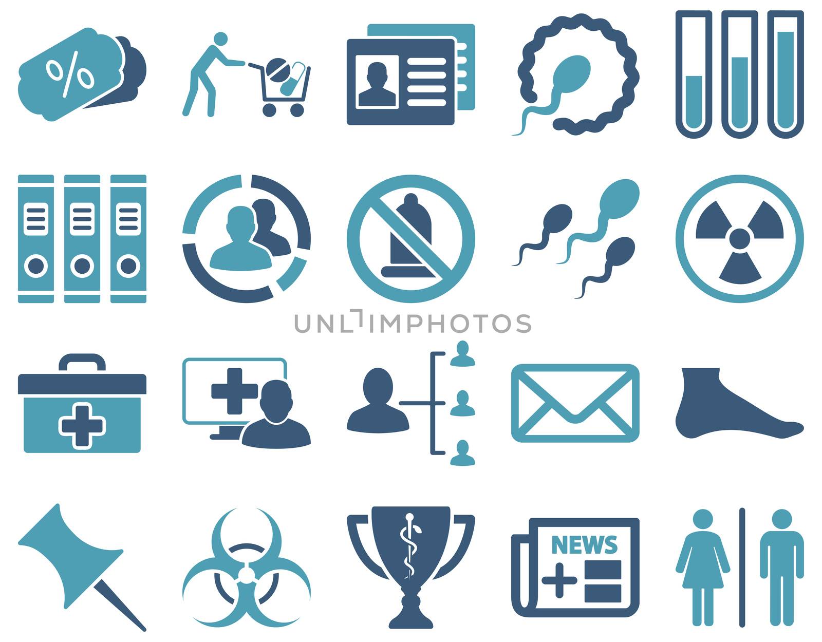 Medical icon set. Style: bicolor icons drawn with cyan and blue colors on a white background.