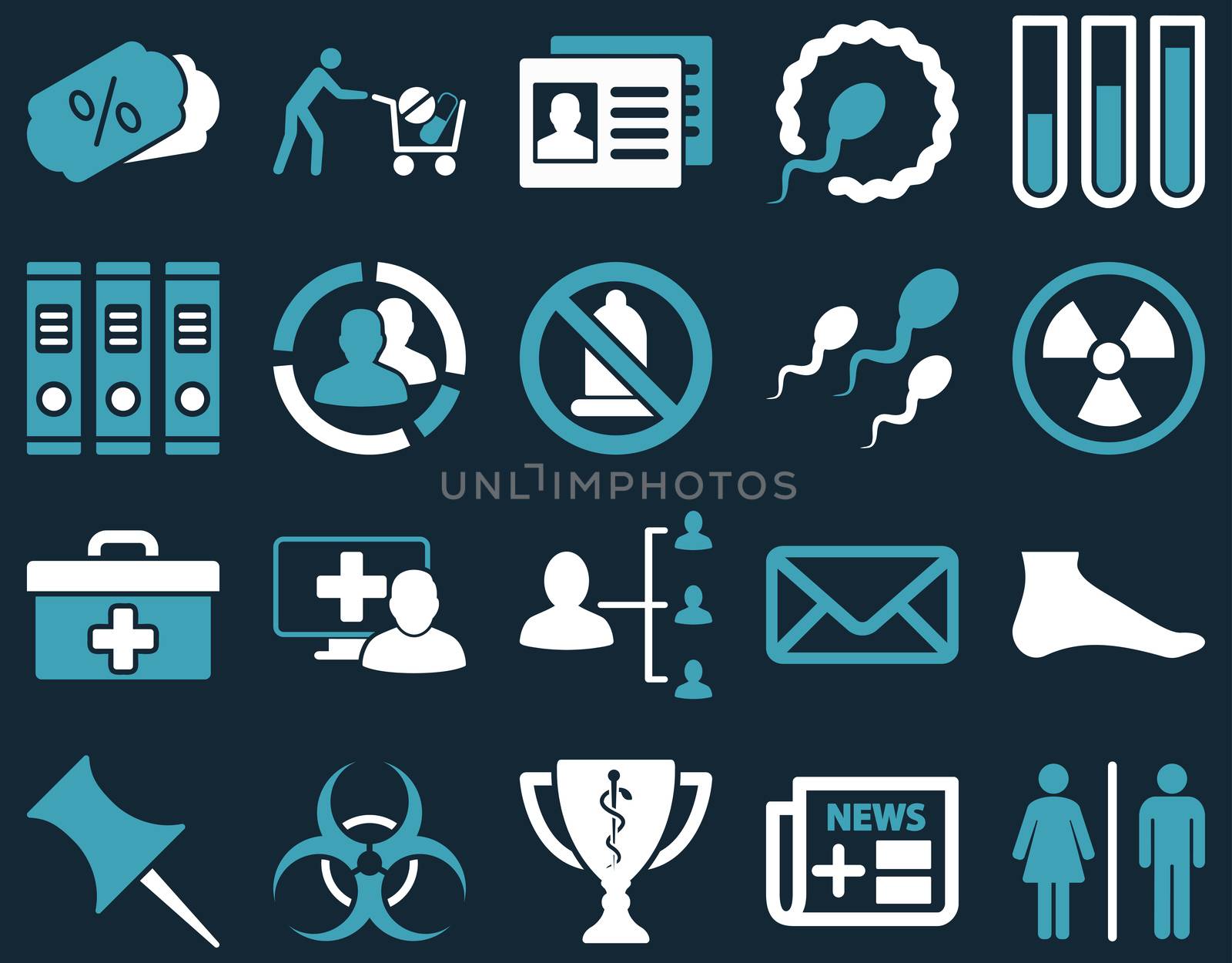 Medical icon set. Style: bicolor icons drawn with blue and white colors on a dark blue background.