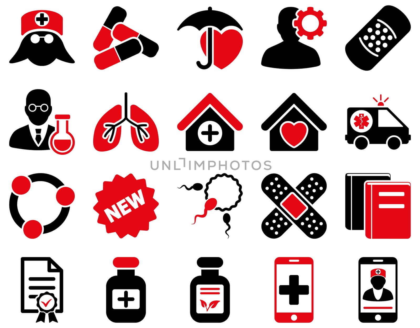 Medical icon set. Style: bicolor icons drawn with intensive red and black colors on a white background.