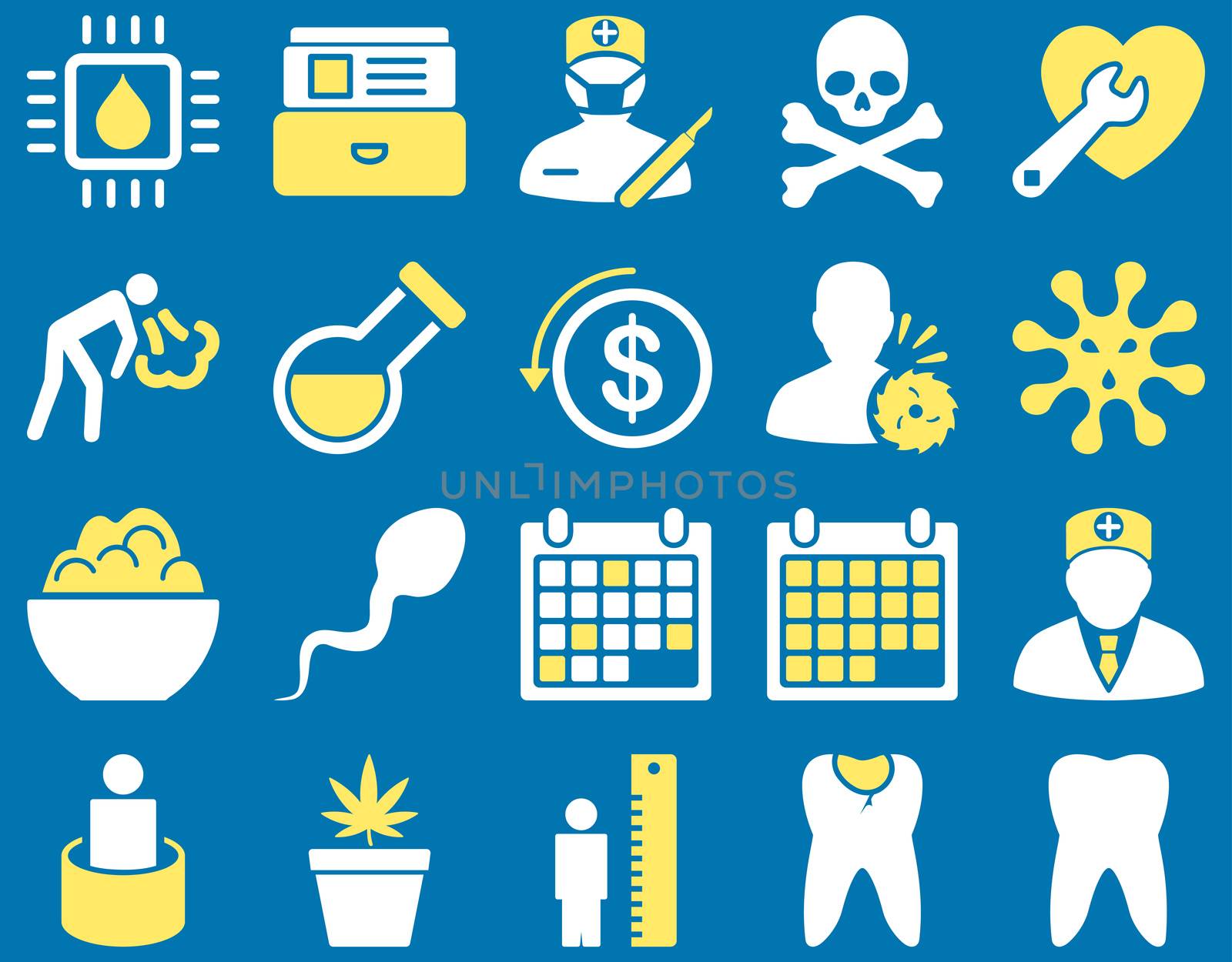 Medical icon set. Style: bicolor icons drawn with yellow and white colors on a blue background.