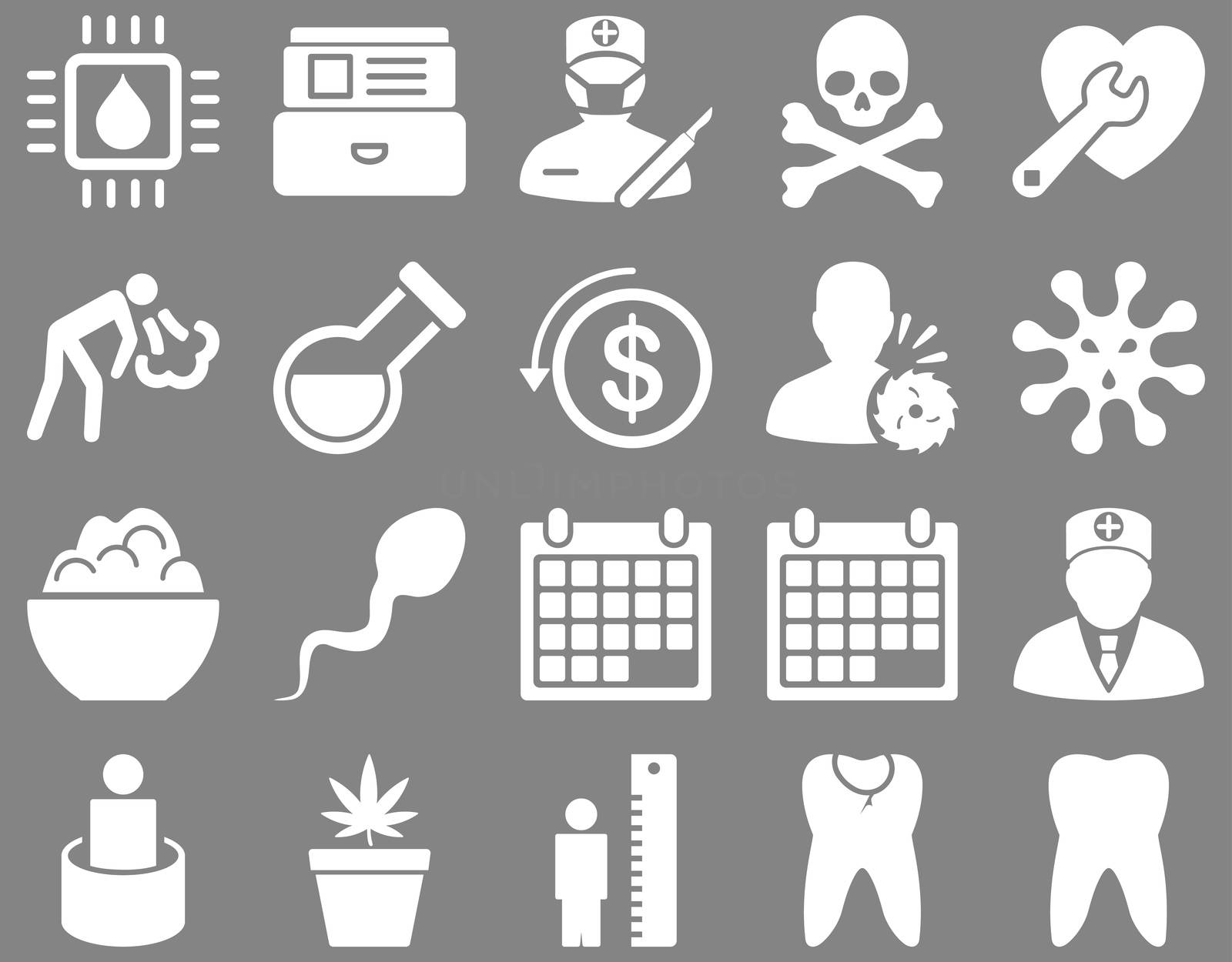 Medical icon set. Style: icons drawn with white color on a gray background.