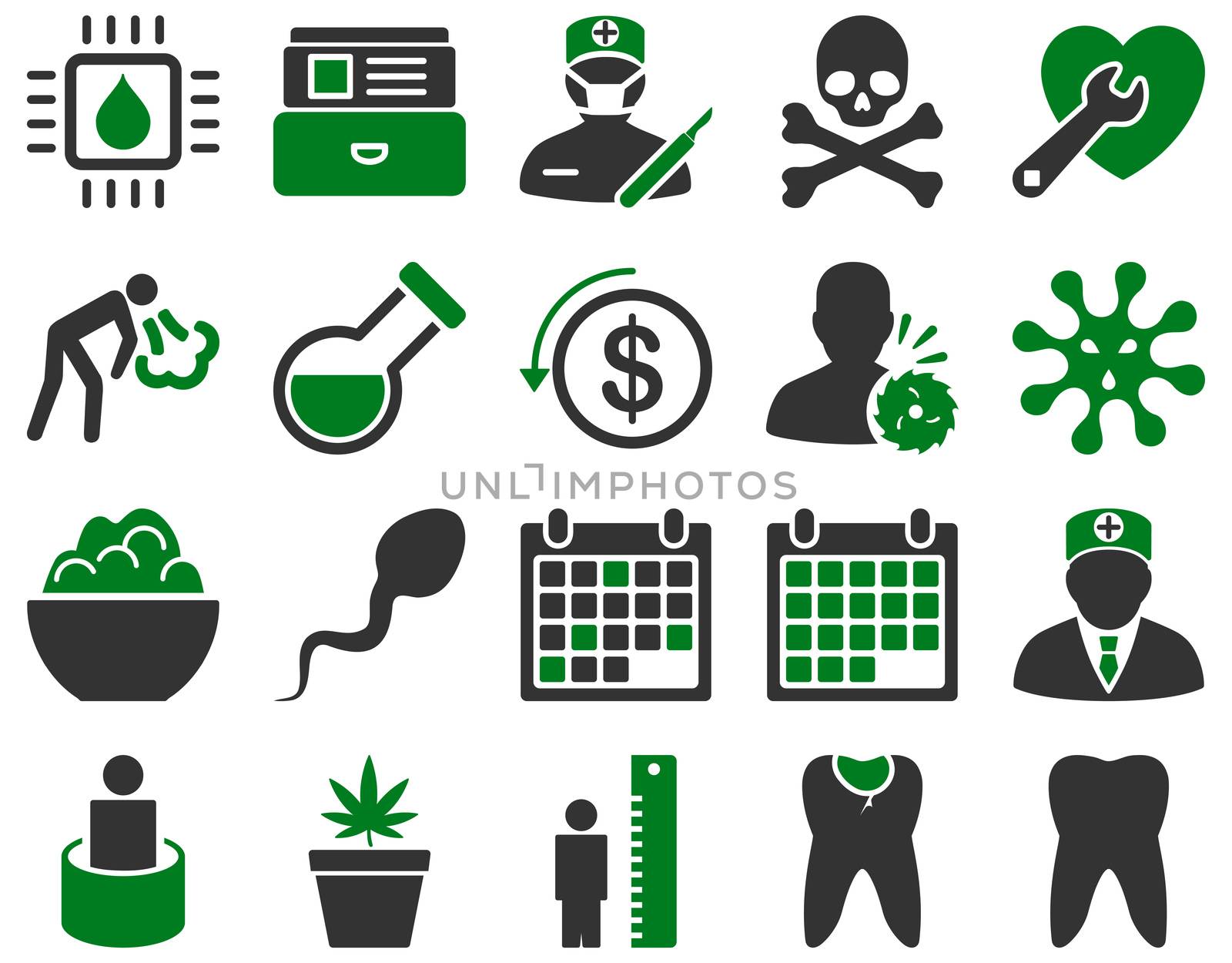 Medical icon set. Style: bicolor icons drawn with green and gray colors on a white background.