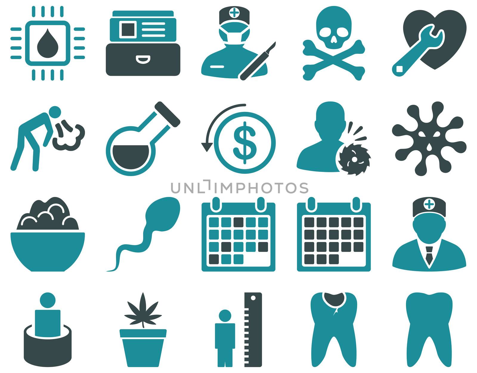 Medical icon set. Style: bicolor icons drawn with soft blue colors on a white background.