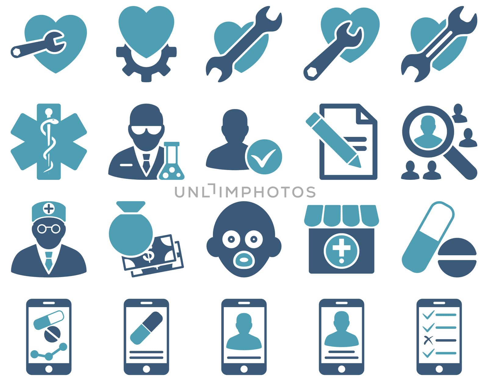 Medical icon set. Style: bicolor icons drawn with cyan and blue colors on a white background.