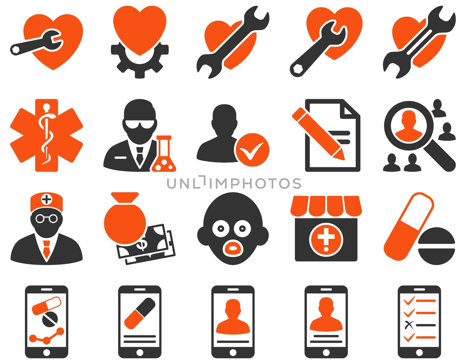 Medical icon set. Style: bicolor icons drawn with orange and gray colors on a white background.
