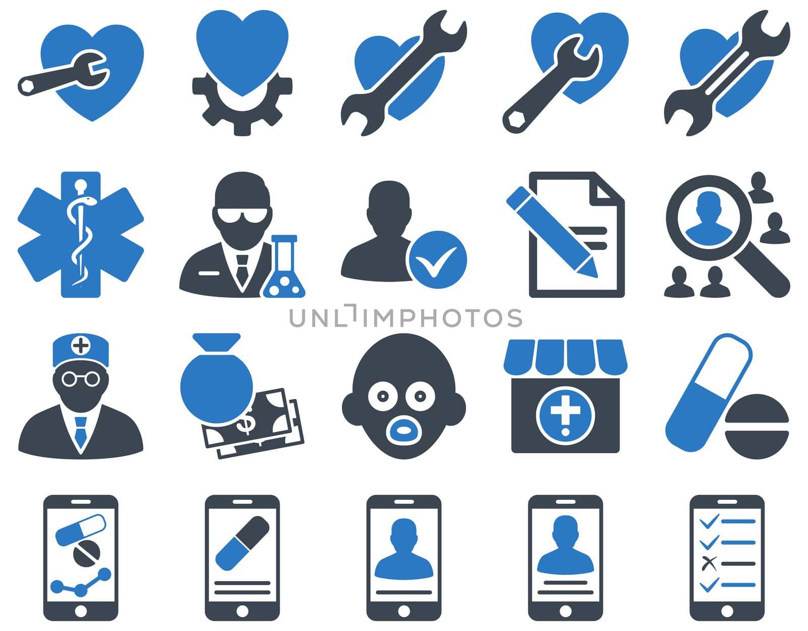 Medical icon set. Style: bicolor icons drawn with smooth blue colors on a white background.