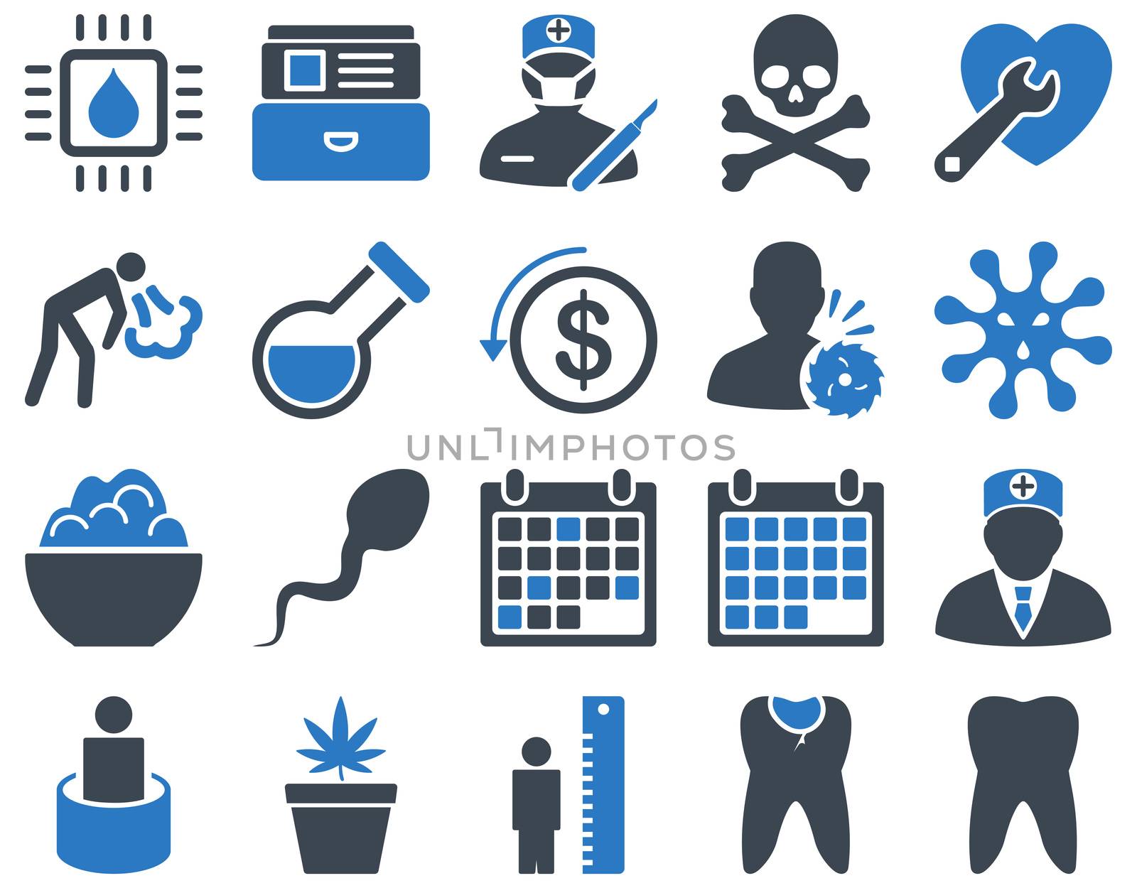 Medical icon set. Style: bicolor icons drawn with smooth blue colors on a white background.