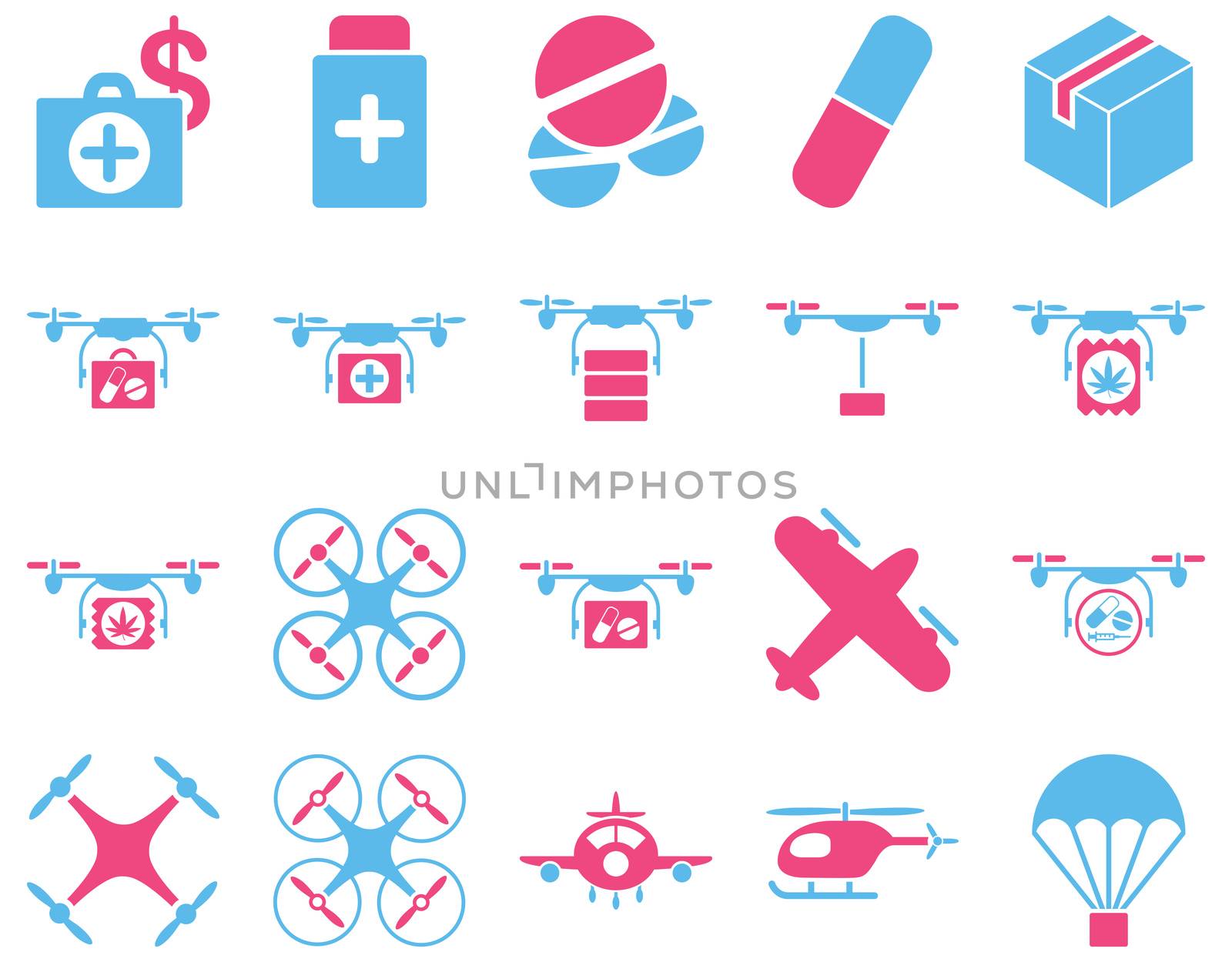 Medical icon set. Style: bicolor icons drawn with pink and blue colors on a white background.