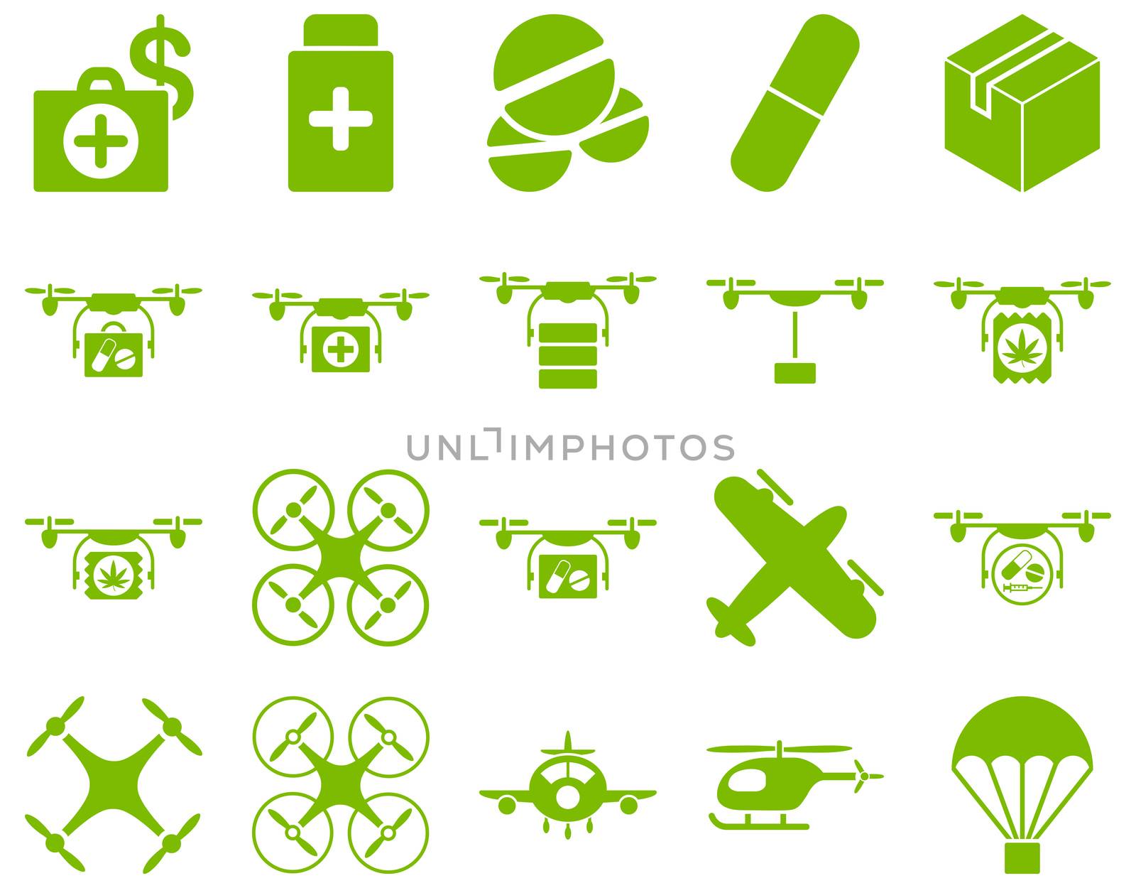 Medical icon set. Style: icons drawn with eco green color on a white background.