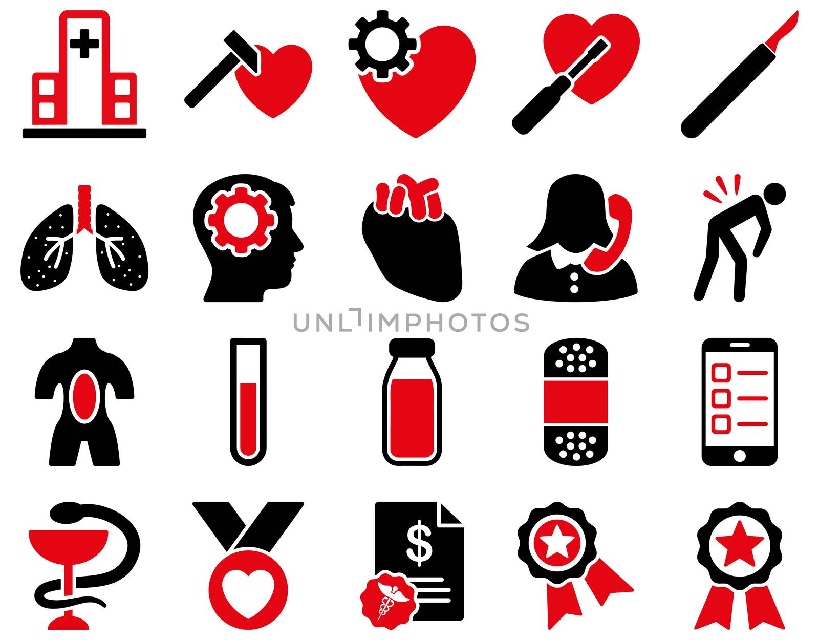 Medical icon set. Style: bicolor icons drawn with intensive red and black colors on a white background.