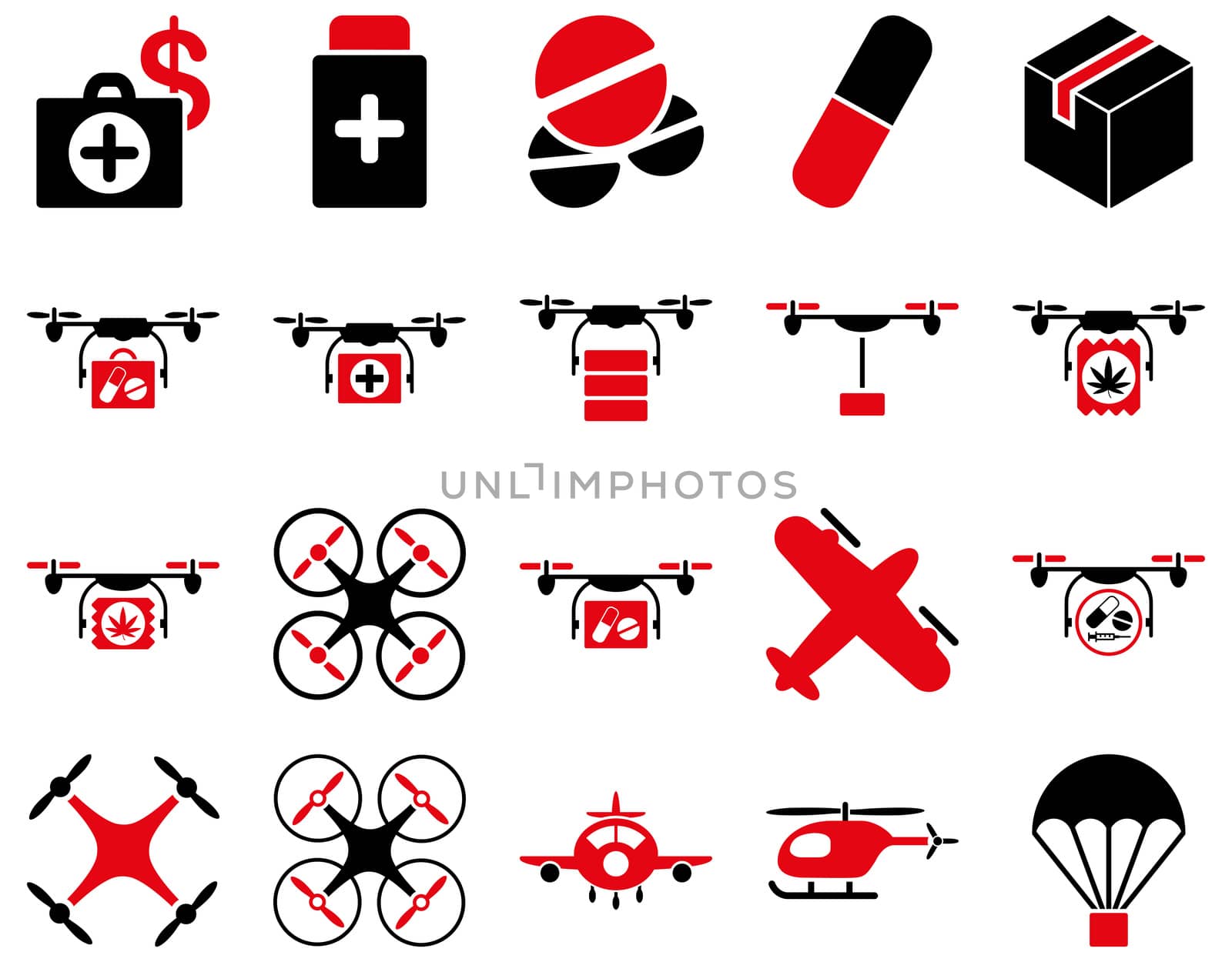 Medical icon set. Style: bicolor icons drawn with intensive red and black colors on a white background.