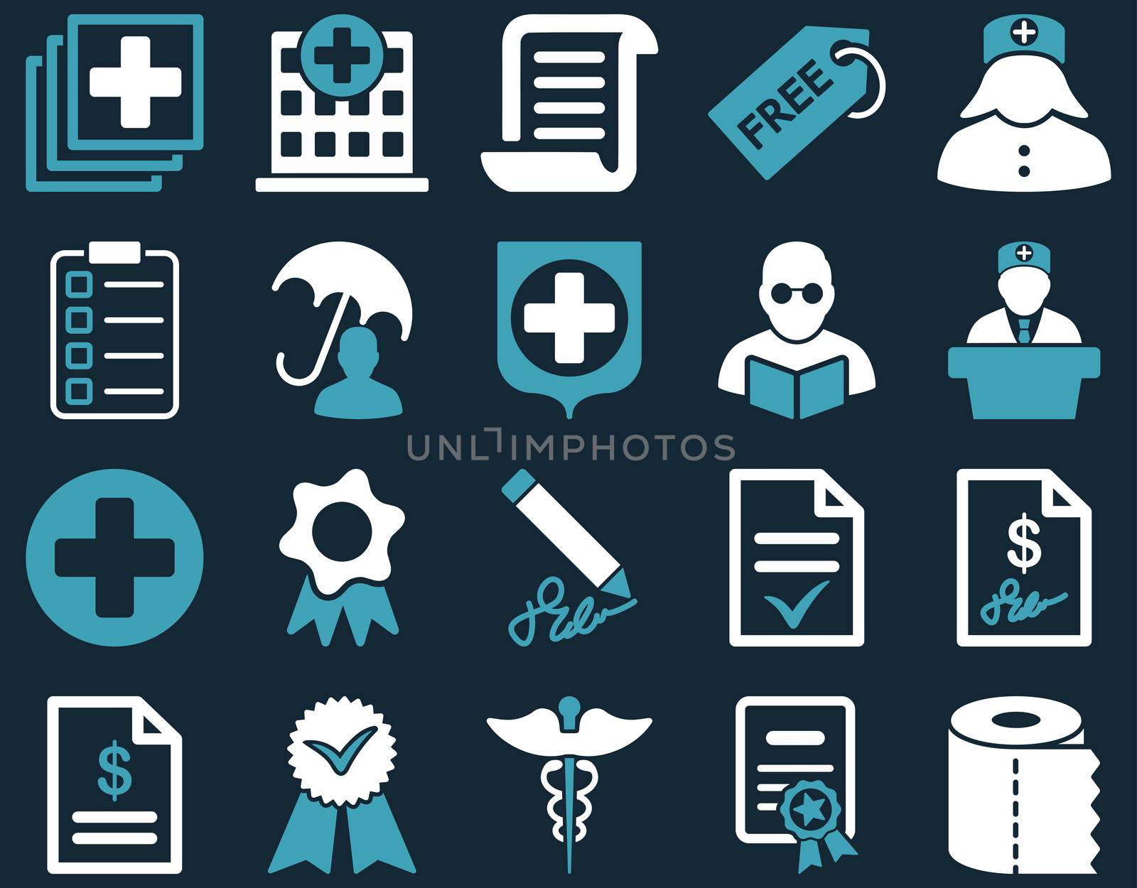 Medical icon set. Style: bicolor icons drawn with blue and white colors on a dark blue background.