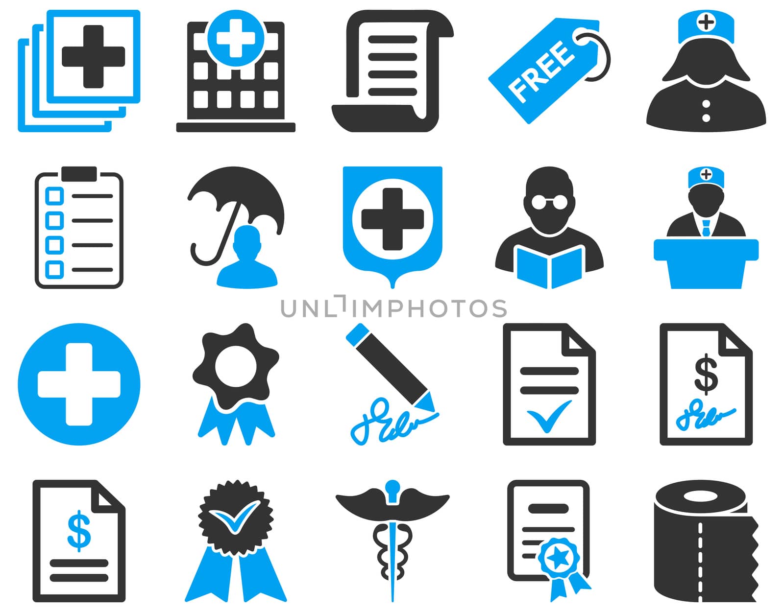 Medical icon set. Style: bicolor icons drawn with blue and gray colors on a white background.