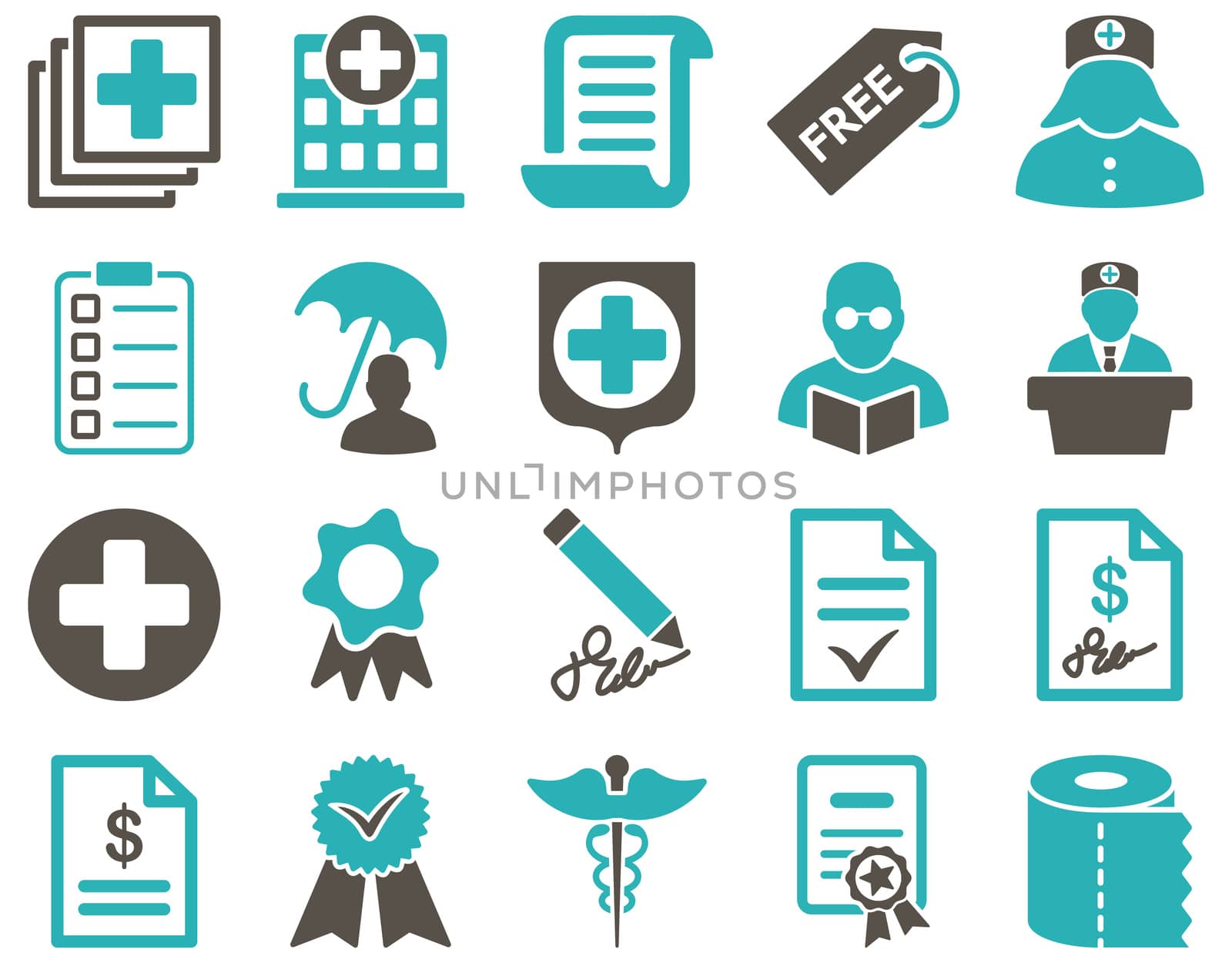 Medical icon set. Style: bicolor icons drawn with grey and cyan colors on a white background.