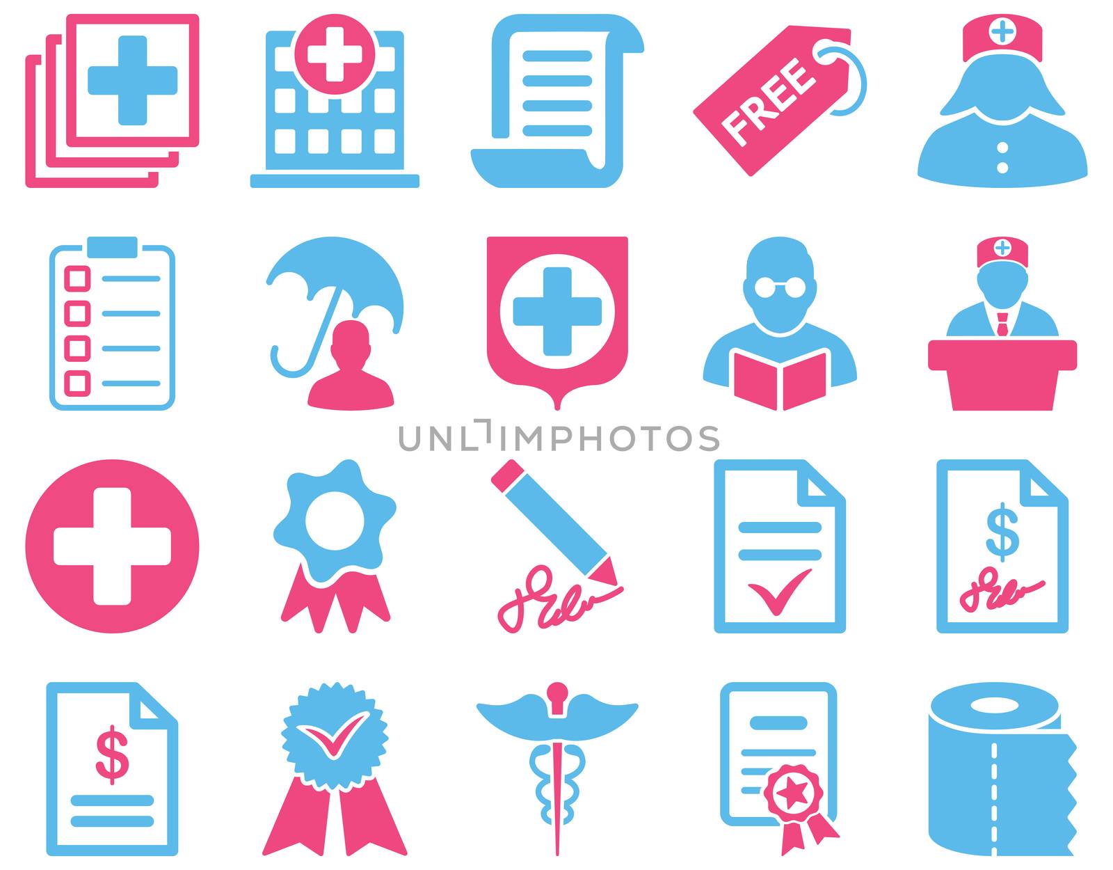 Medical icon set. Style: bicolor icons drawn with pink and blue colors on a white background.