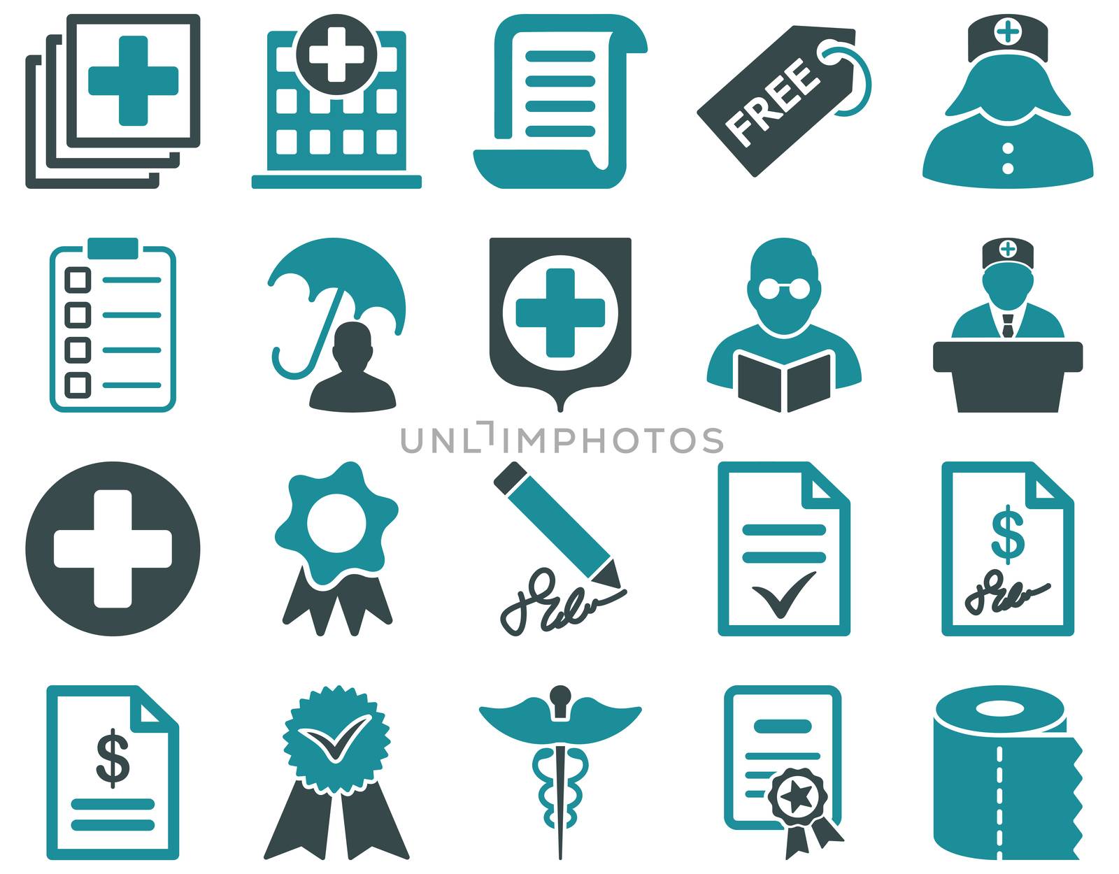 Medical icon set. Style: bicolor icons drawn with soft blue colors on a white background.