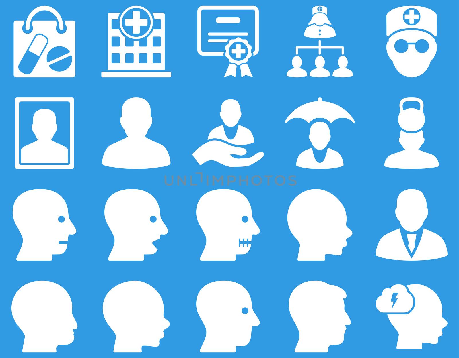 Medical icon set. Style: icons drawn with white color on a blue background.