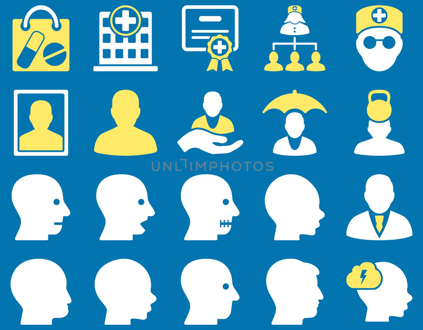 Medical icon set. Style: bicolor icons drawn with yellow and white colors on a blue background.