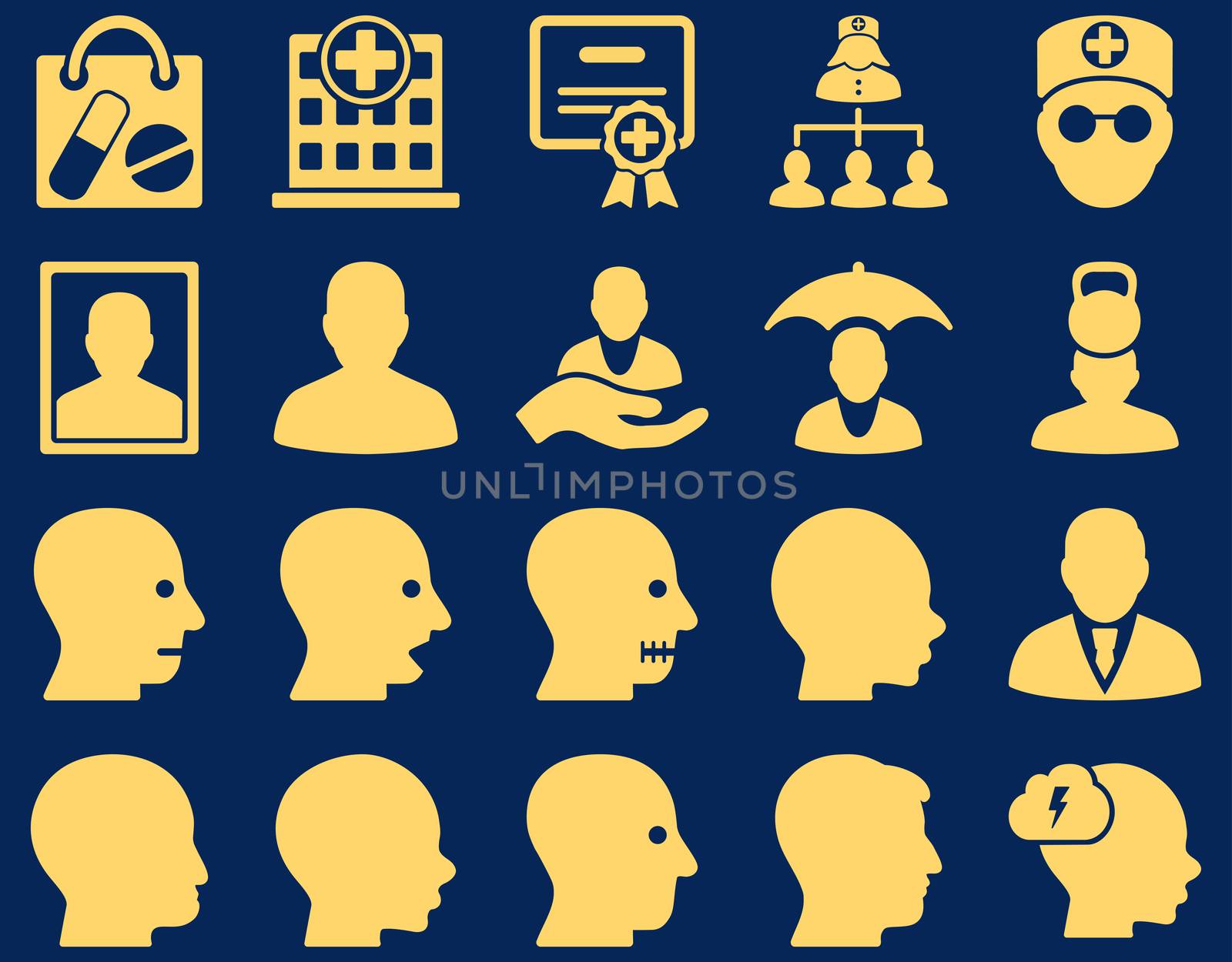 Medical icon set. Style: icons drawn with yellow color on a blue background.