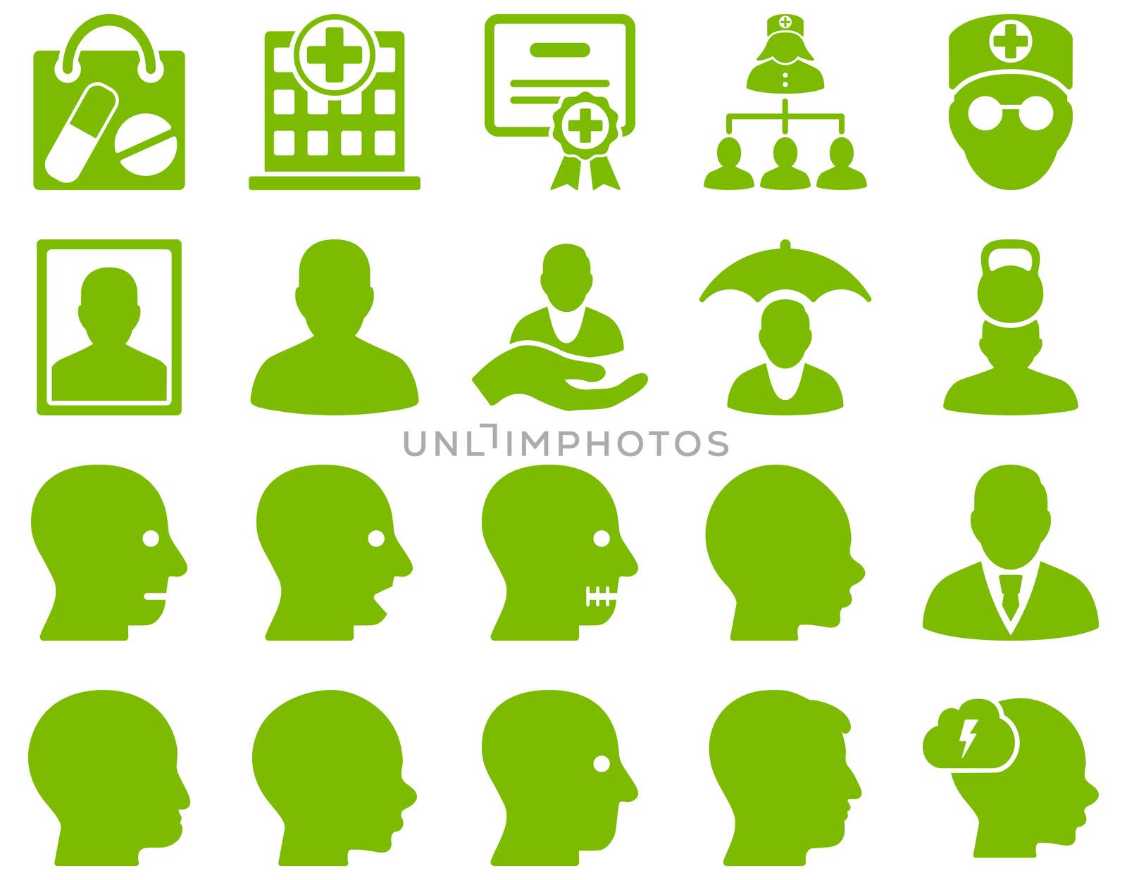 Medical icon set. Style: icons drawn with eco green color on a white background.