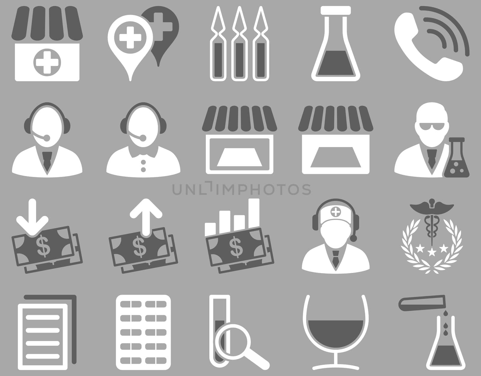 Medical icon set. Style: bicolor icons drawn with dark gray and white colors on a gray background.