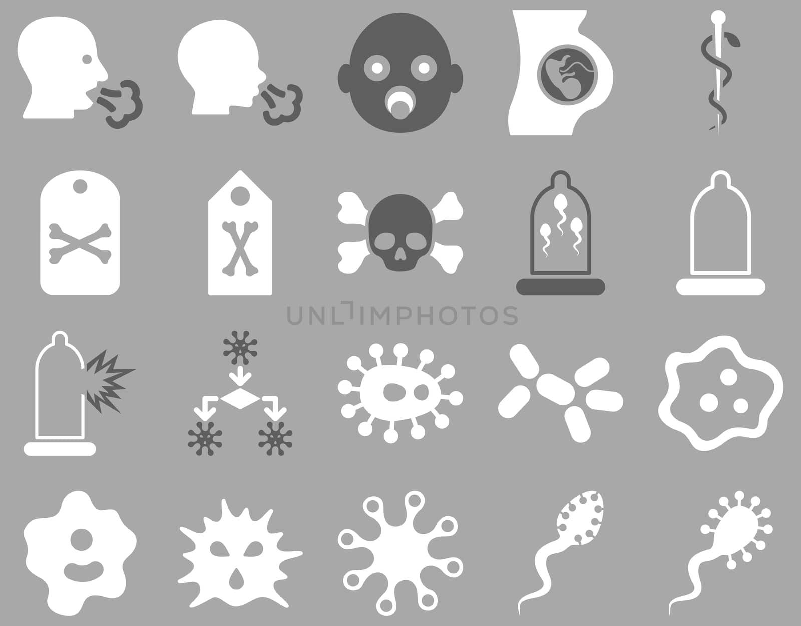 Medical icon set. Style: bicolor icons drawn with dark gray and white colors on a gray background.