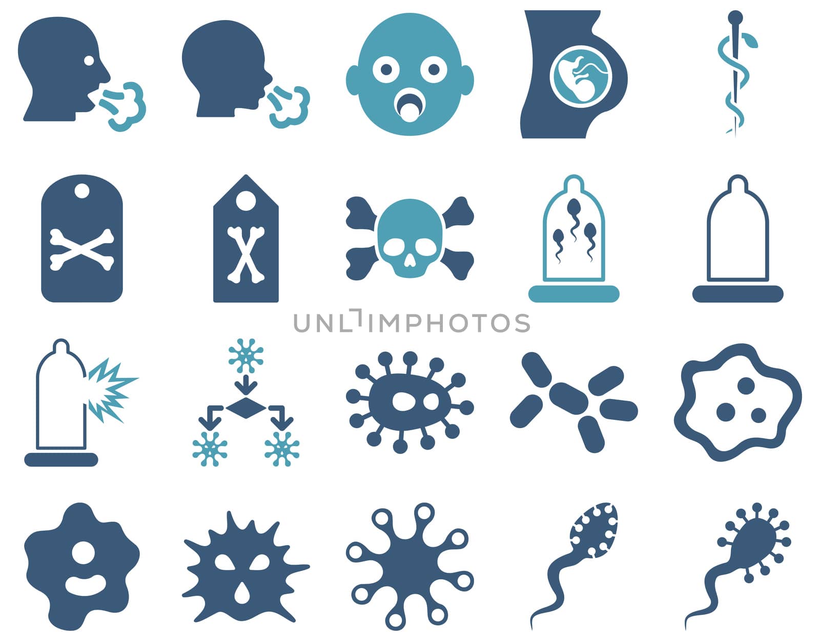 Medical icon set. Style: bicolor icons drawn with cyan and blue colors on a white background.