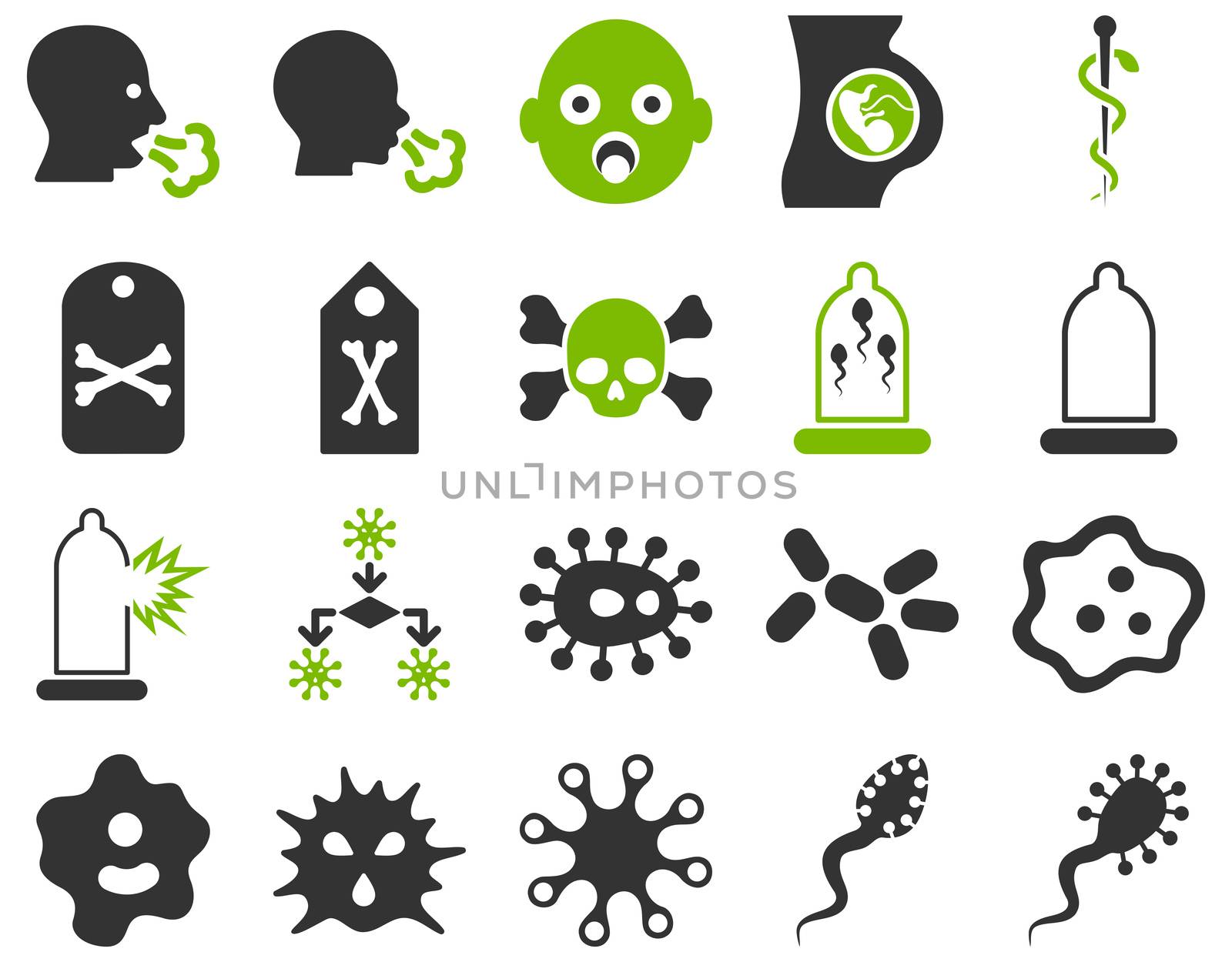 Medical icon set. Style: bicolor icons drawn with eco green and gray colors on a white background.