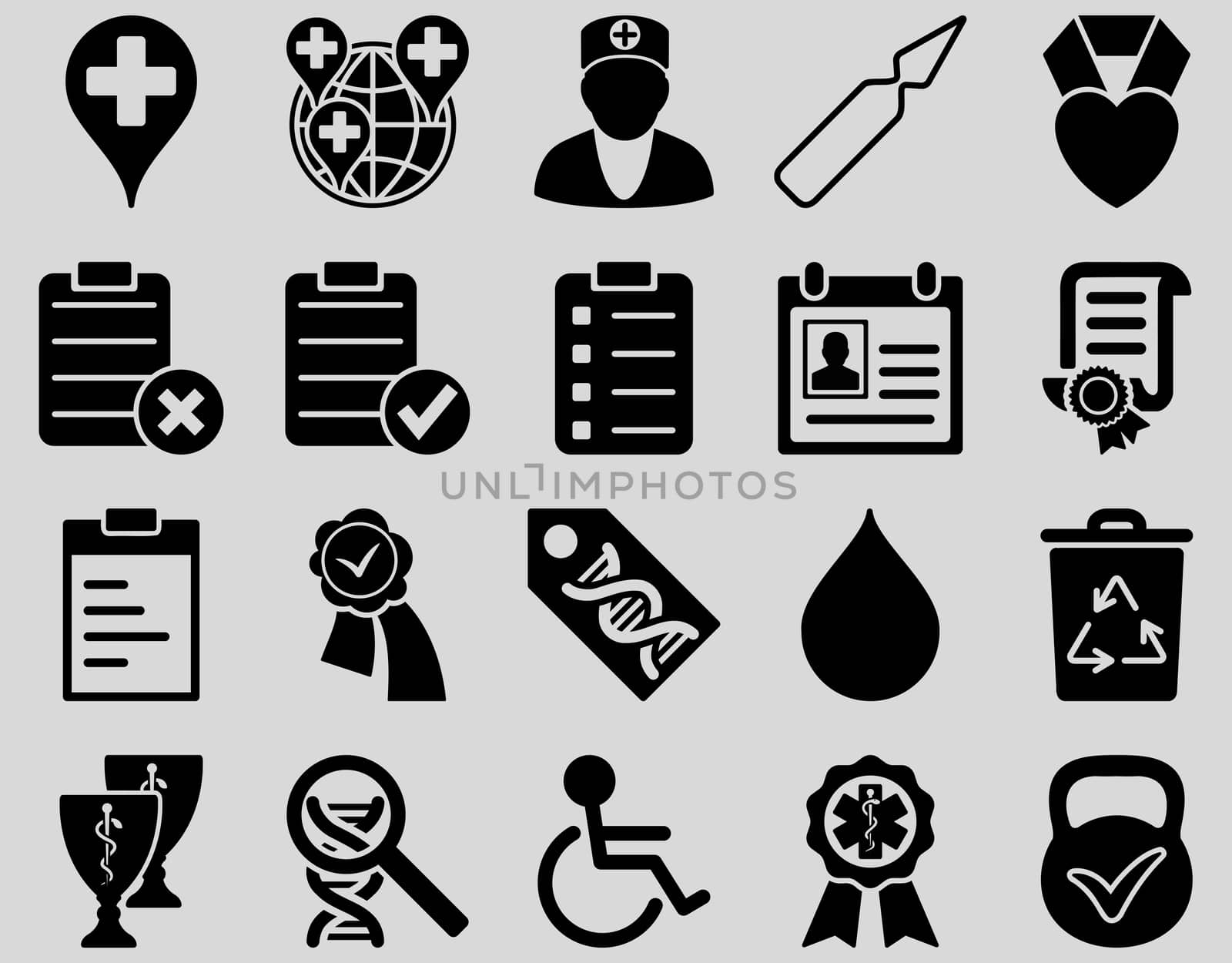 Medical icon set. Style: icons drawn with black color on a light gray background.