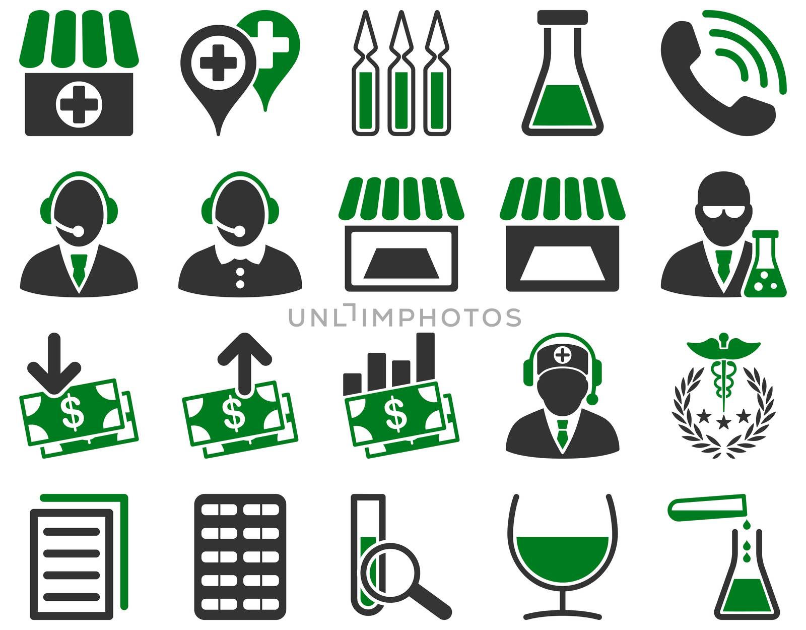 Medical icon set. Style: bicolor icons drawn with green and gray colors on a white background.