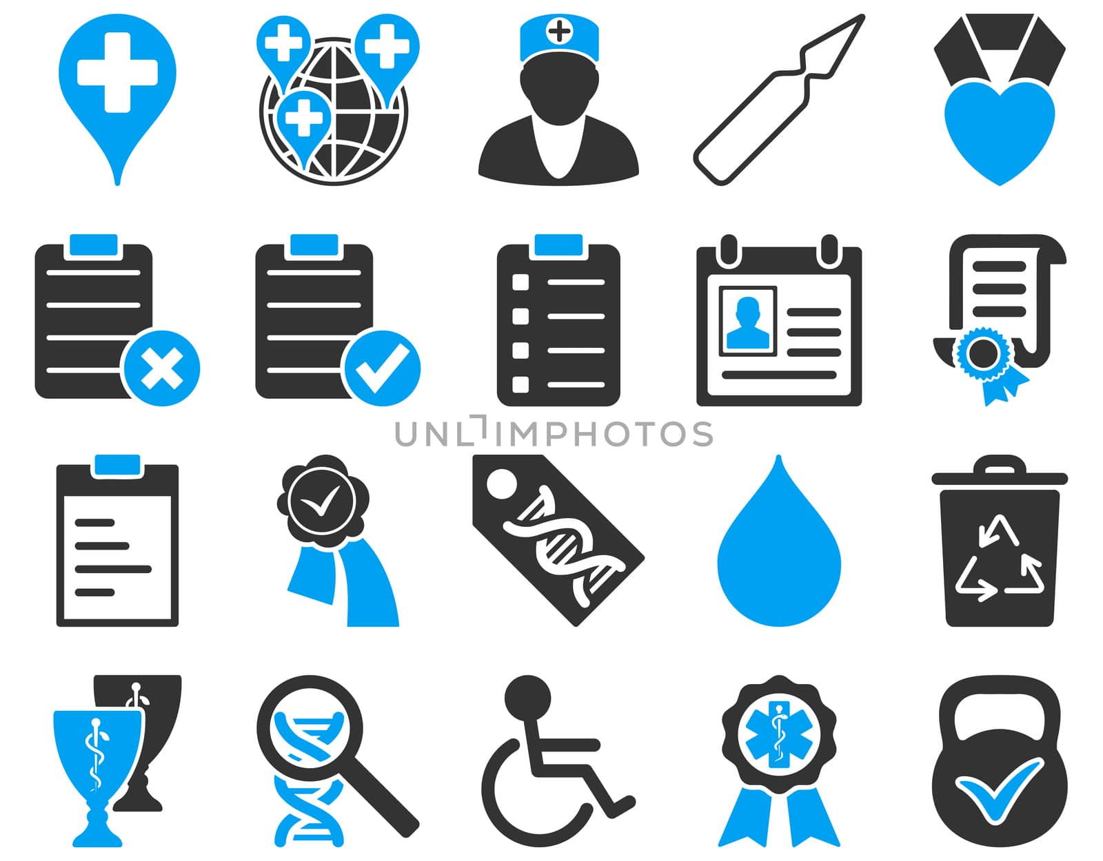 Medical icon set. Style: bicolor icons drawn with blue and gray colors on a white background.