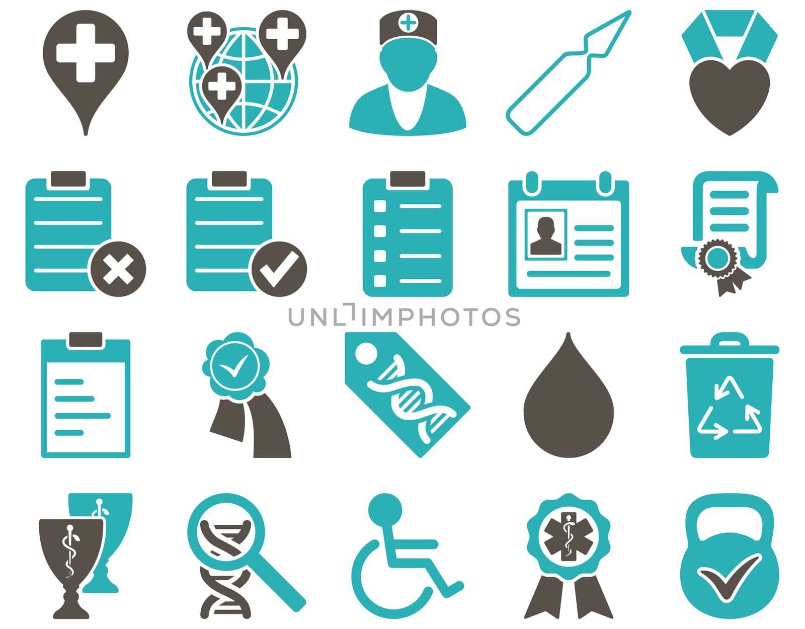 Medical icon set. Style: bicolor icons drawn with grey and cyan colors on a white background.