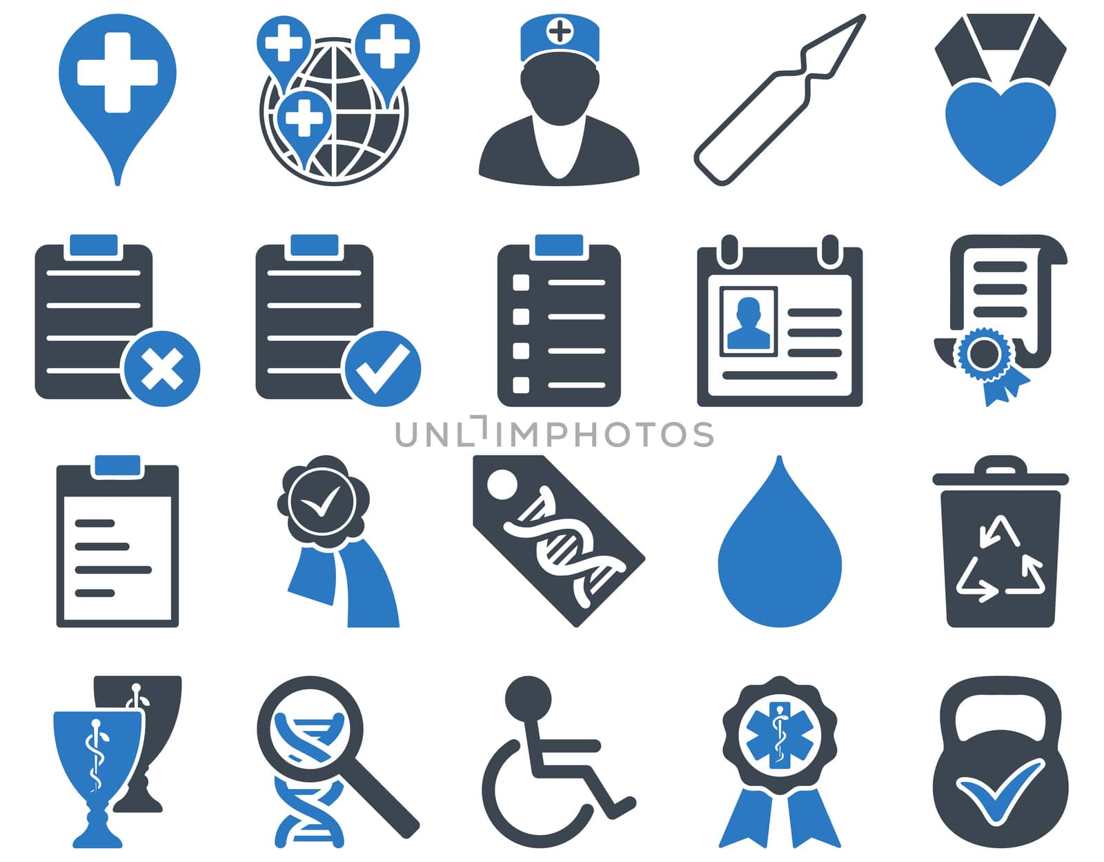 Medical icon set. Style: bicolor icons drawn with smooth blue colors on a white background.