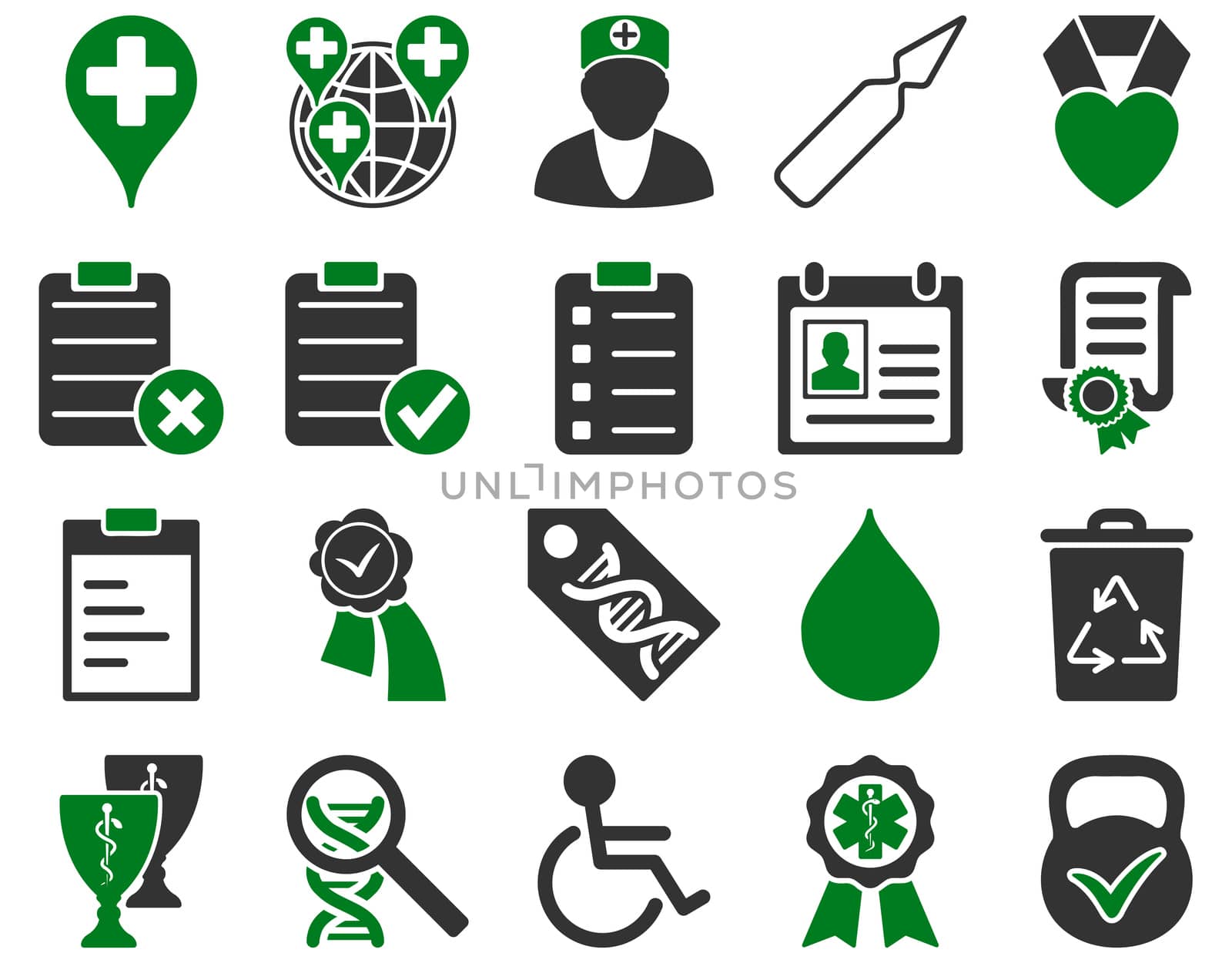 Medical icon set. Style: bicolor icons drawn with green and gray colors on a white background.