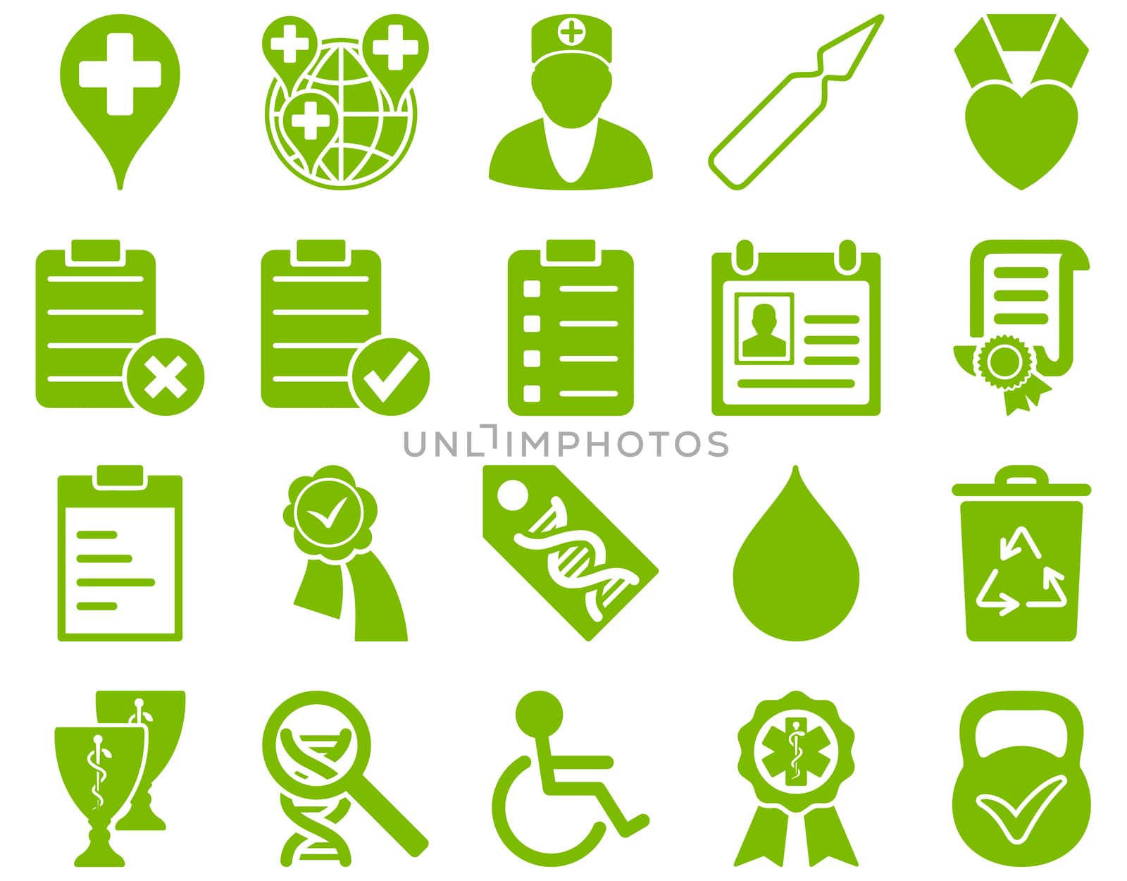 Medical icon set. Style: icons drawn with eco green color on a white background.