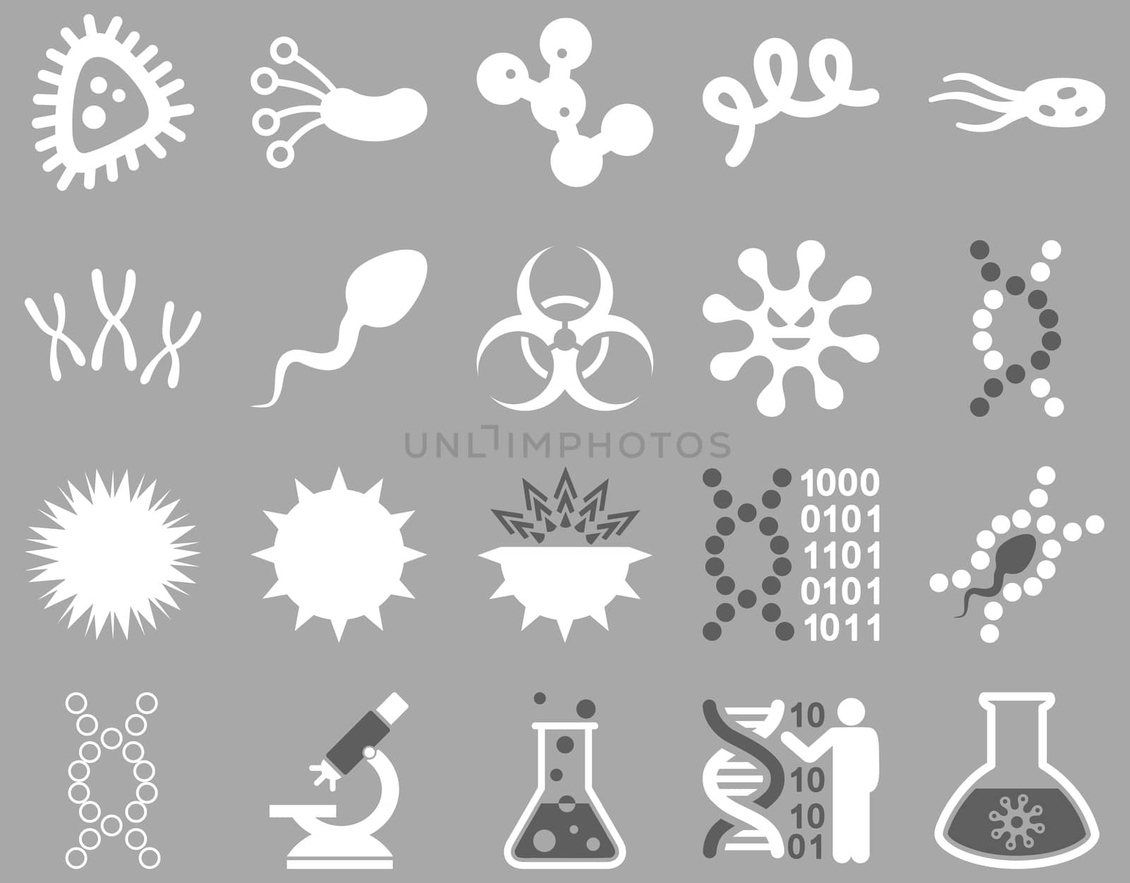 Medical icon set. Style: bicolor icons drawn with dark gray and white colors on a gray background.