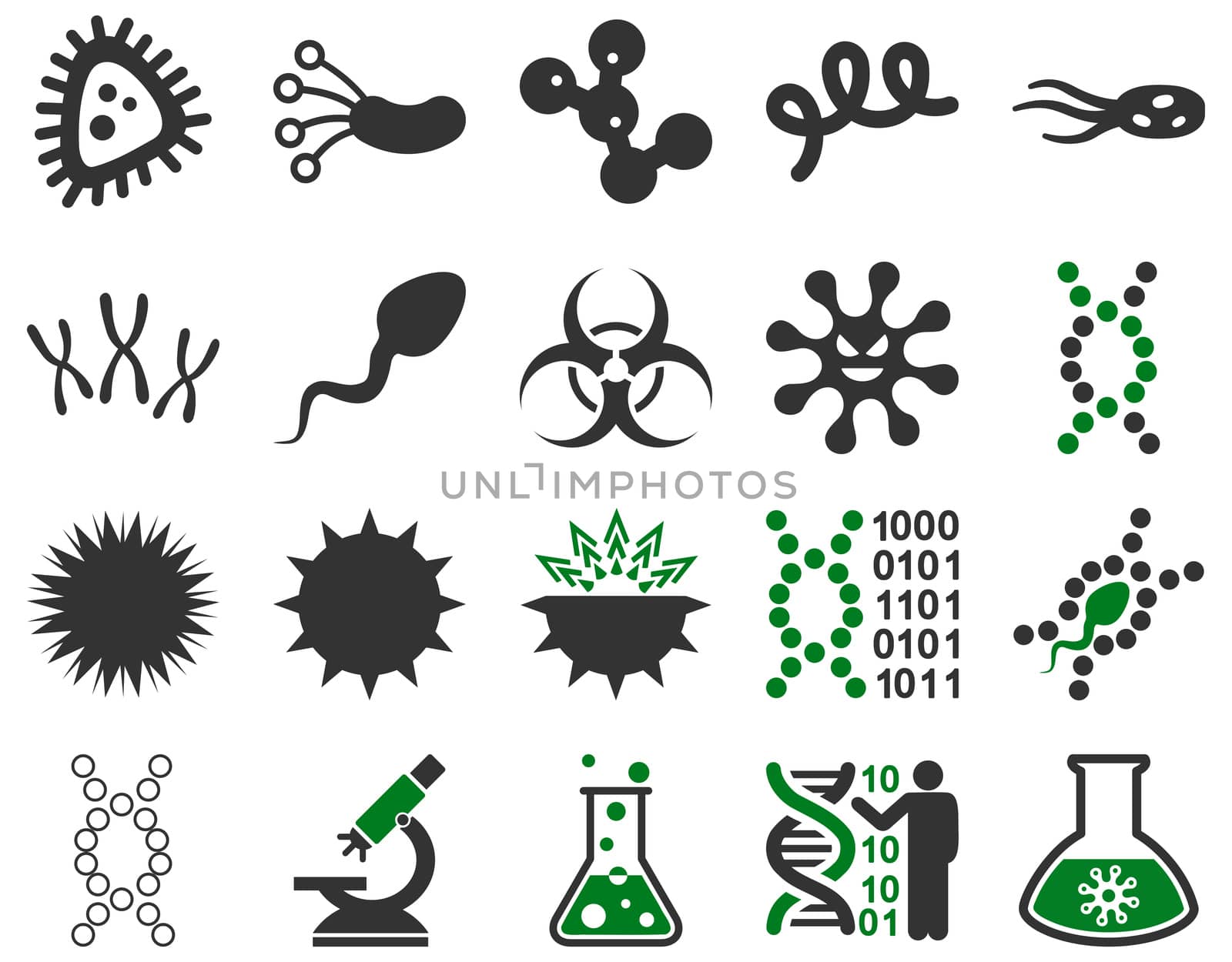 Medical icon set. Style: bicolor icons drawn with green and gray colors on a white background.