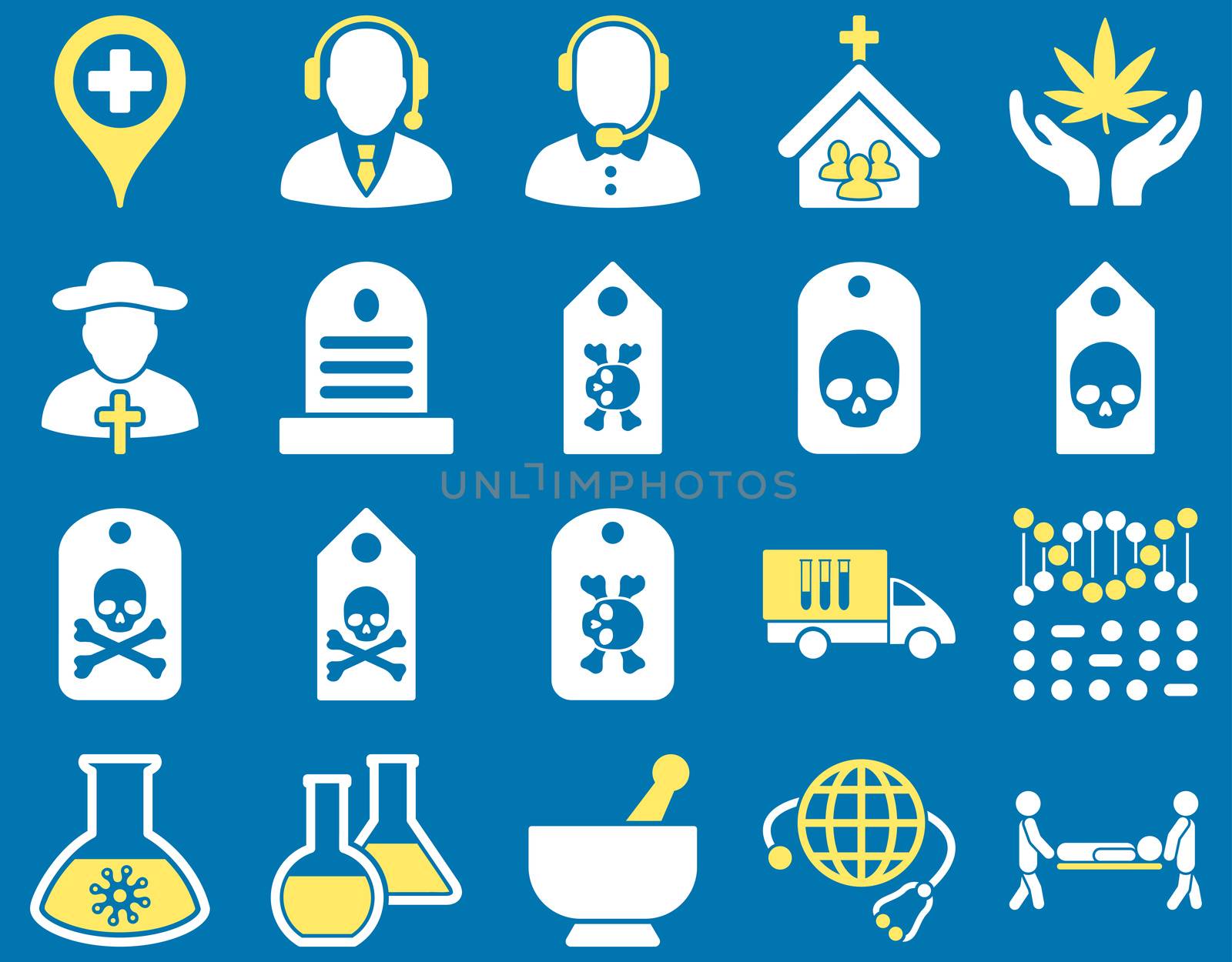 Medical icon set. Style: bicolor icons drawn with yellow and white colors on a blue background.