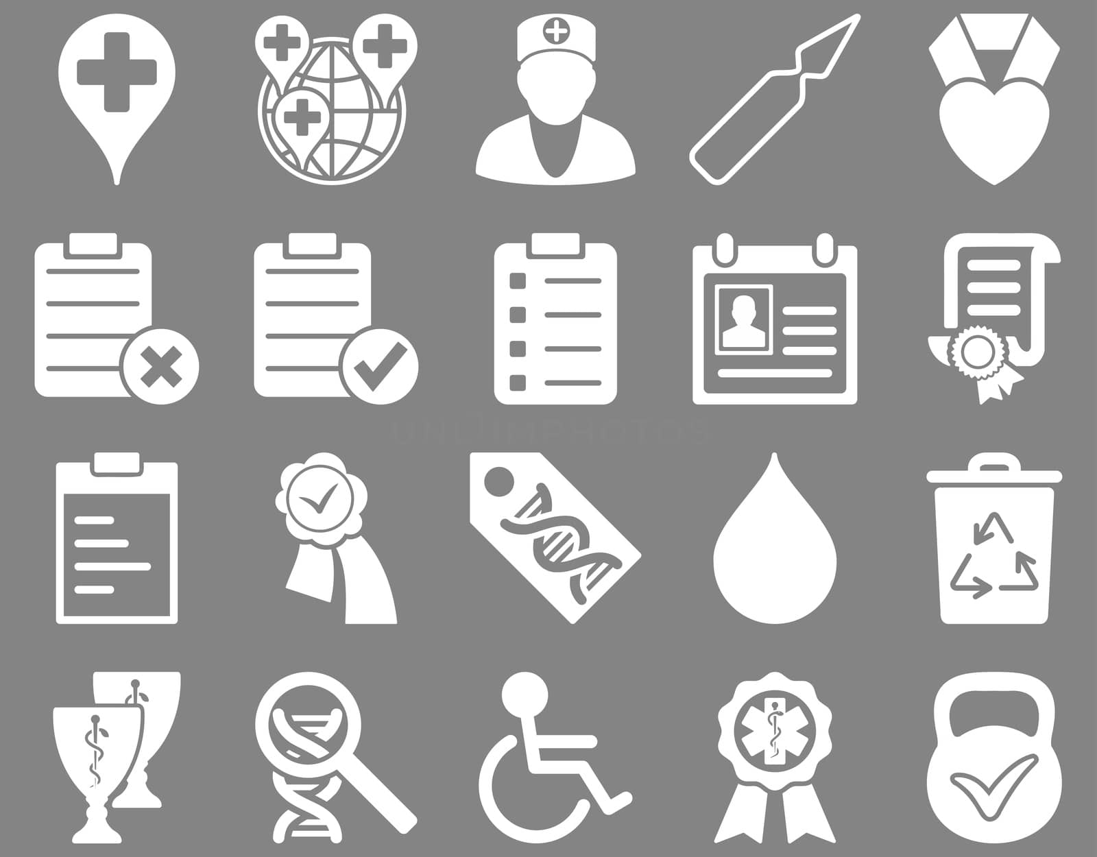 Medical icon set. Style: icons drawn with white color on a gray background.