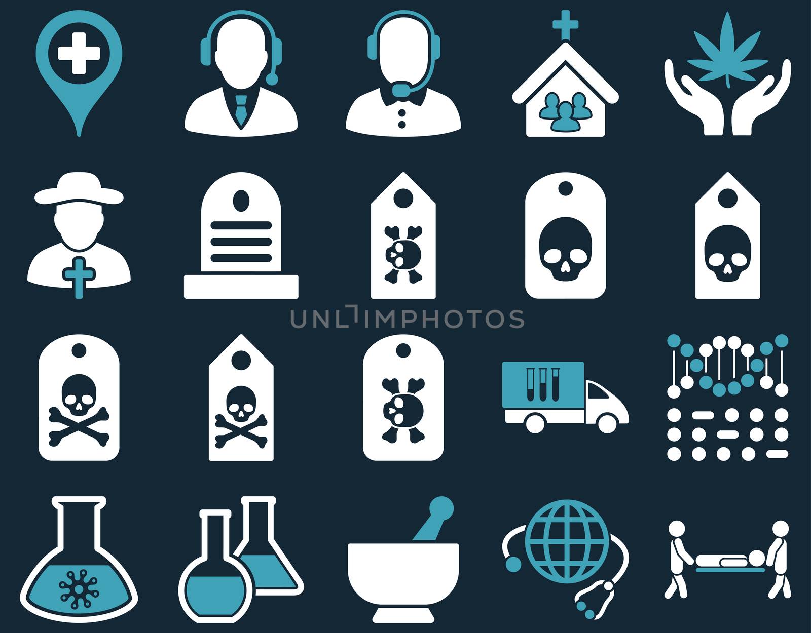 Medical icon set. Style: bicolor icons drawn with blue and white colors on a dark blue background.